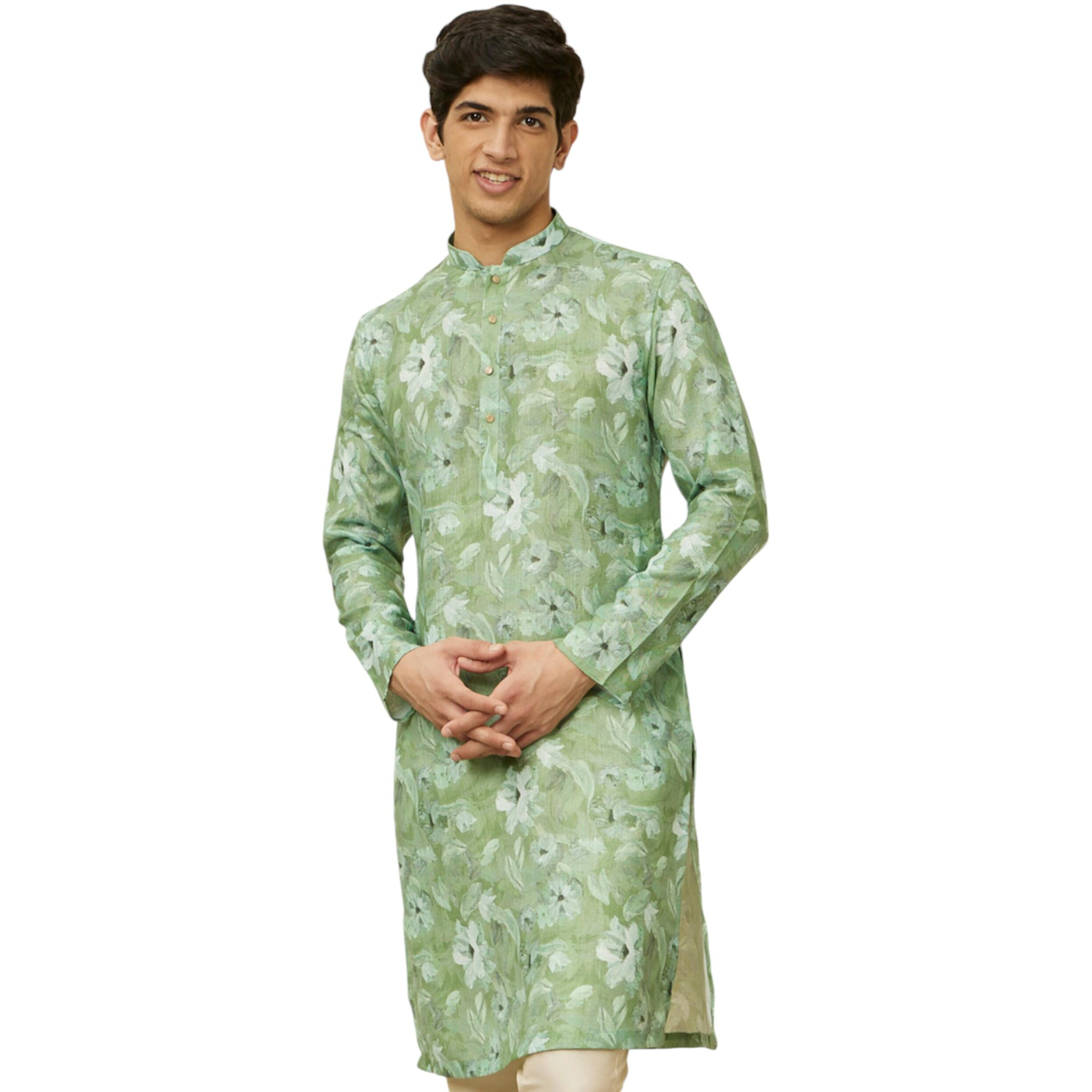 Manyavar Men's Sage Green Floral Printed Kurta (M)
