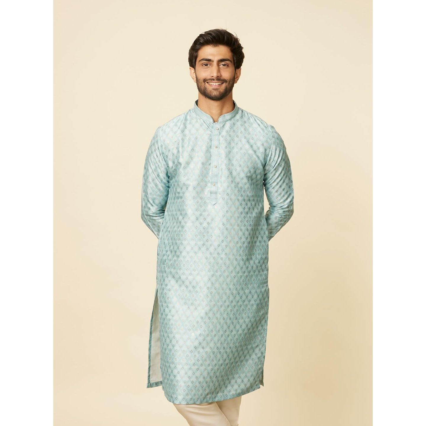 Manyavar Mens Green Art Silk Self Design Kurta Pyjama Set