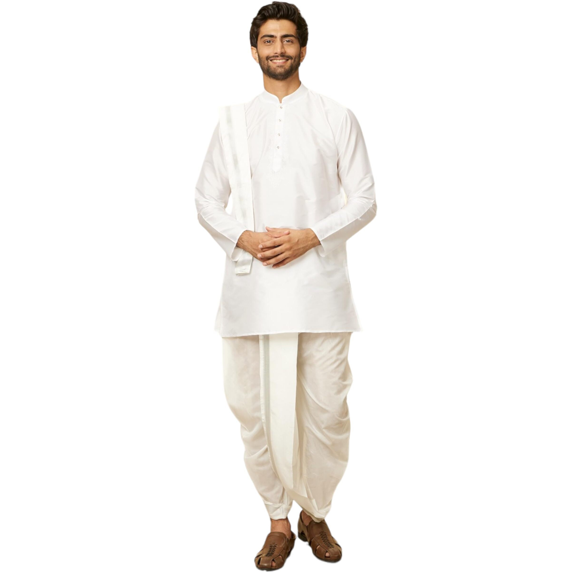 Manyavar Mens White Art Silk Solid Kurta Pancha Set