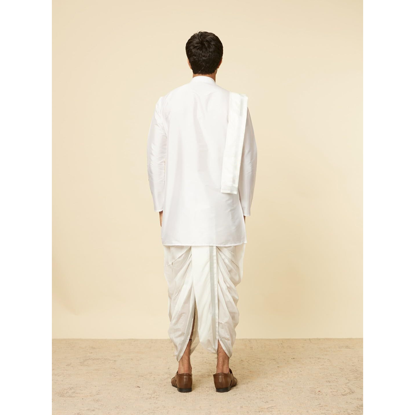 Manyavar Mens White Art Silk Solid Kurta Pancha Set