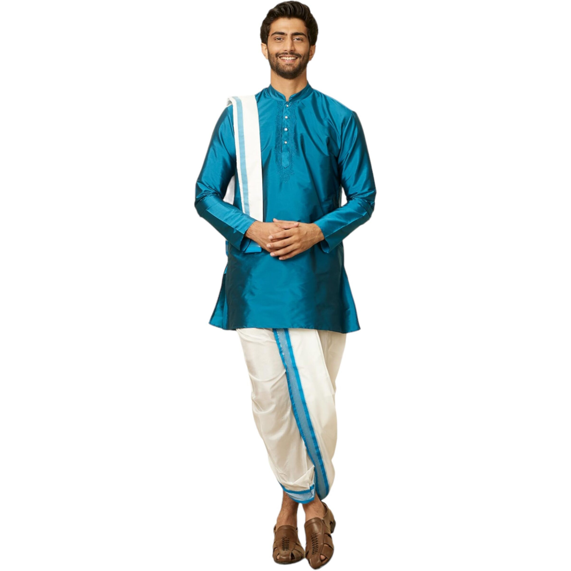 Manyavar Mens Blue Art Silk Solid Kurta Pancha Set