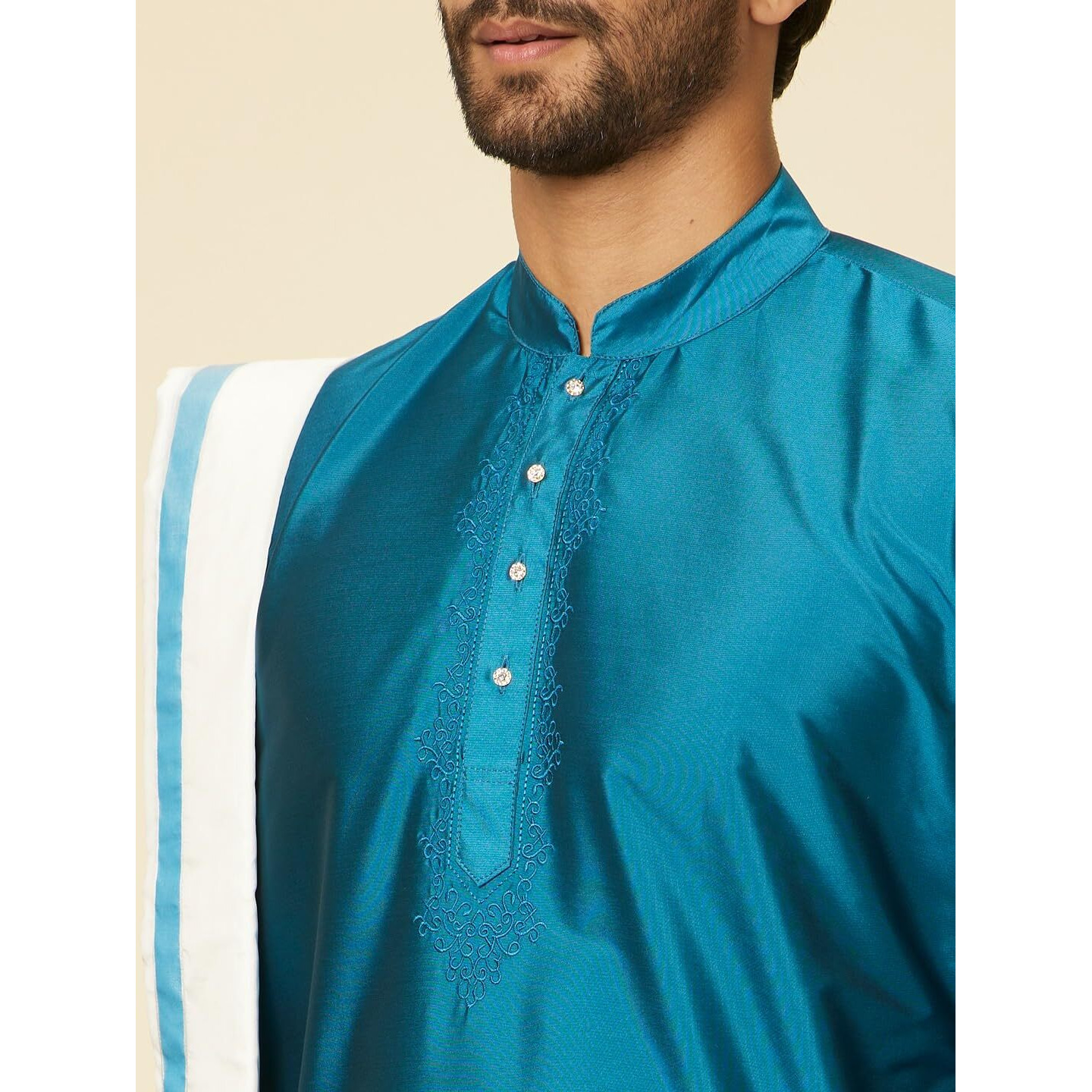 Manyavar Mens Blue Art Silk Solid Kurta Pancha Set
