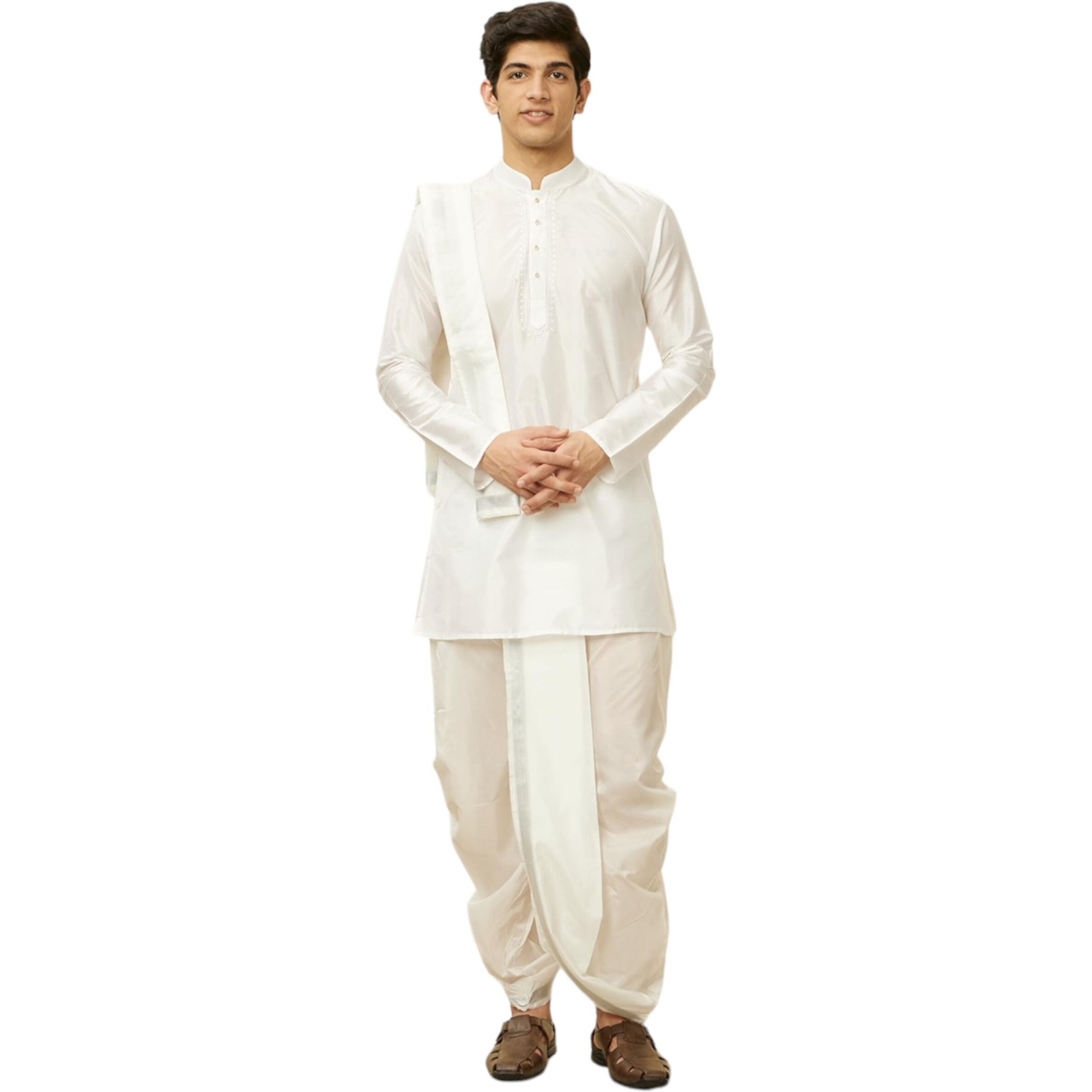 Manyavar Mens White Art Silk Solid Kurta Pancha Set