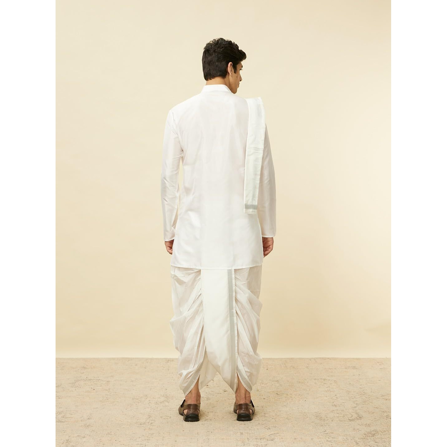 Manyavar Mens White Art Silk Solid Kurta Pancha Set
