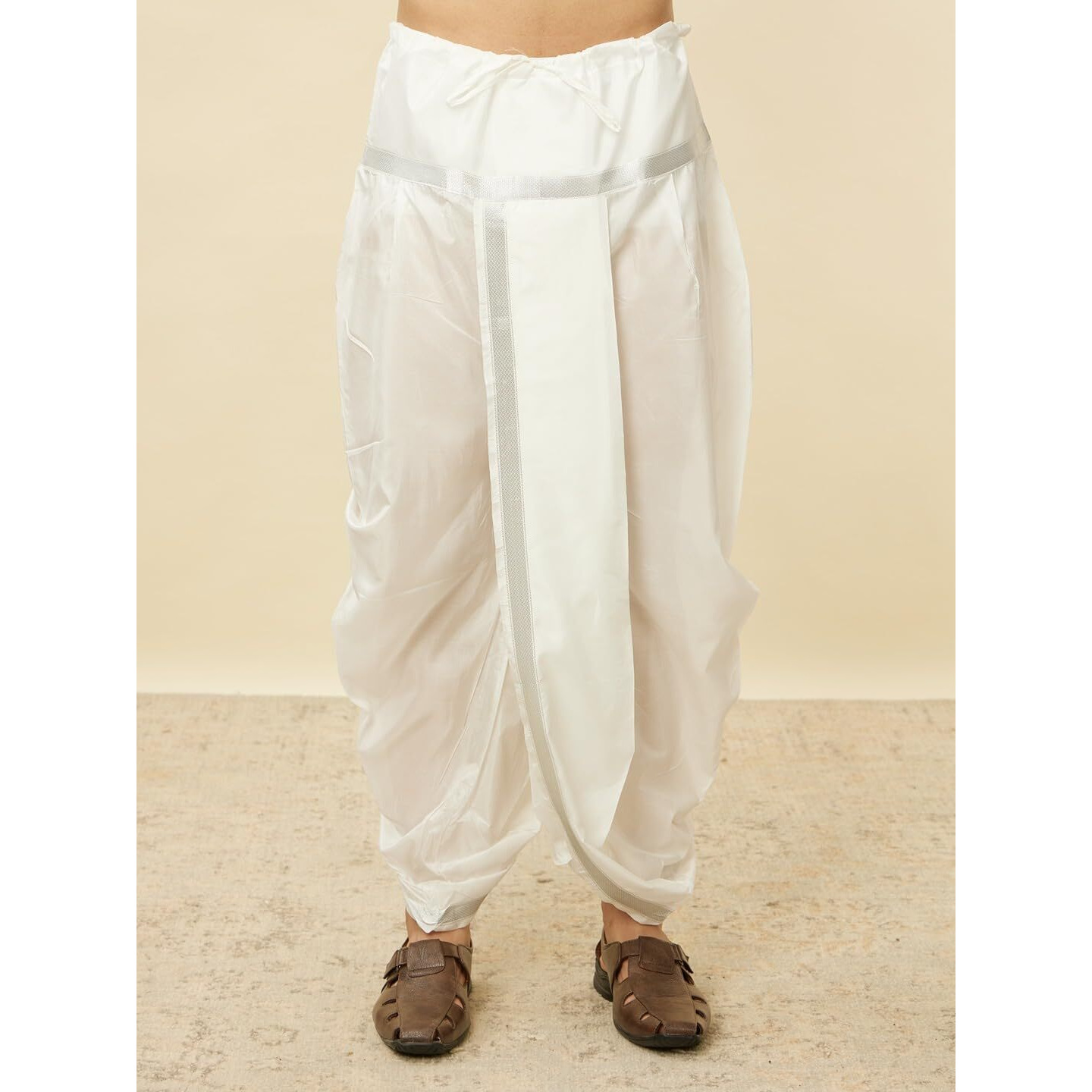 Manyavar Mens White Art Silk Solid Kurta Pancha Set