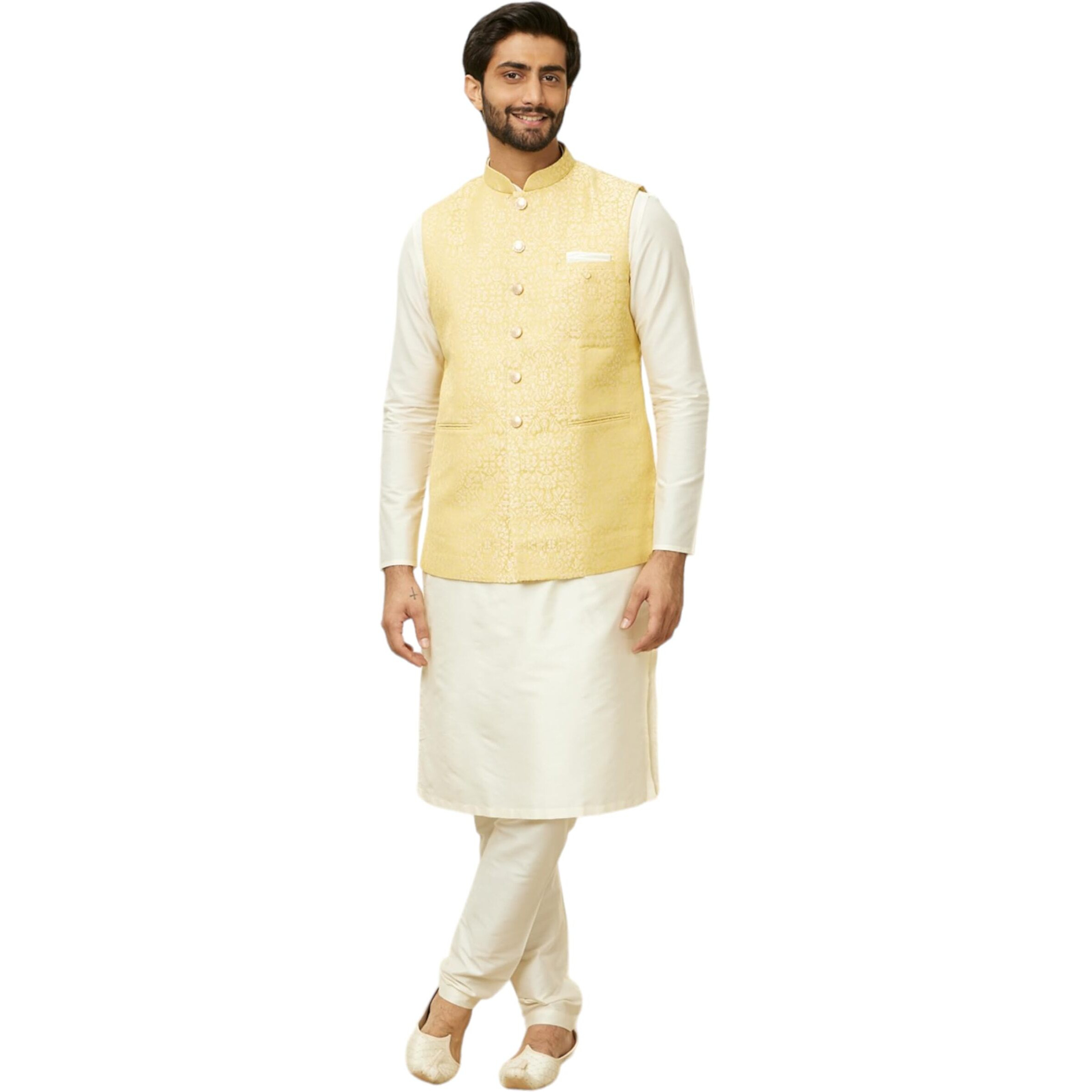 Manyavar Mens Yellow Brocade Self Design Jackets
