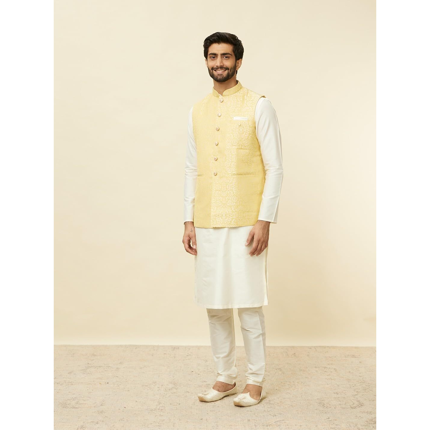 Manyavar Mens Yellow Brocade Self Design Jackets