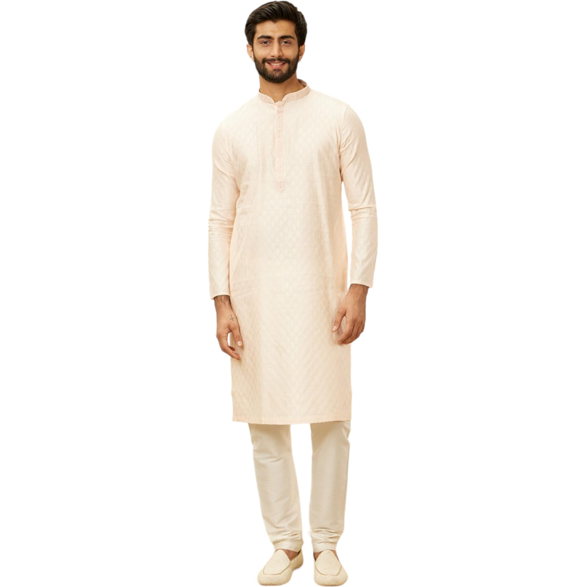 Manyavar Men's Peach Blended Viscose Self Design Kurta Pyjama Set (M)