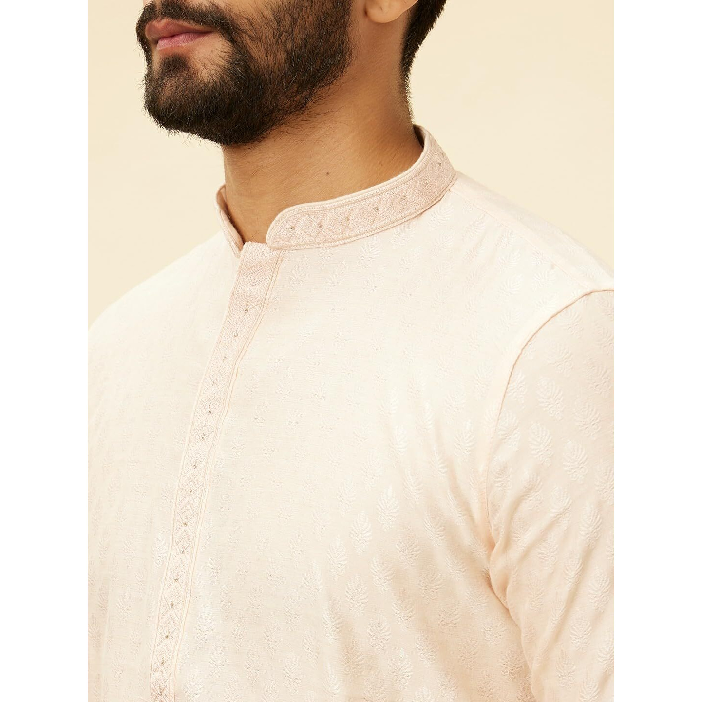 Manyavar Men's Peach Blended Viscose Self Design Kurta Pyjama Set (M)
