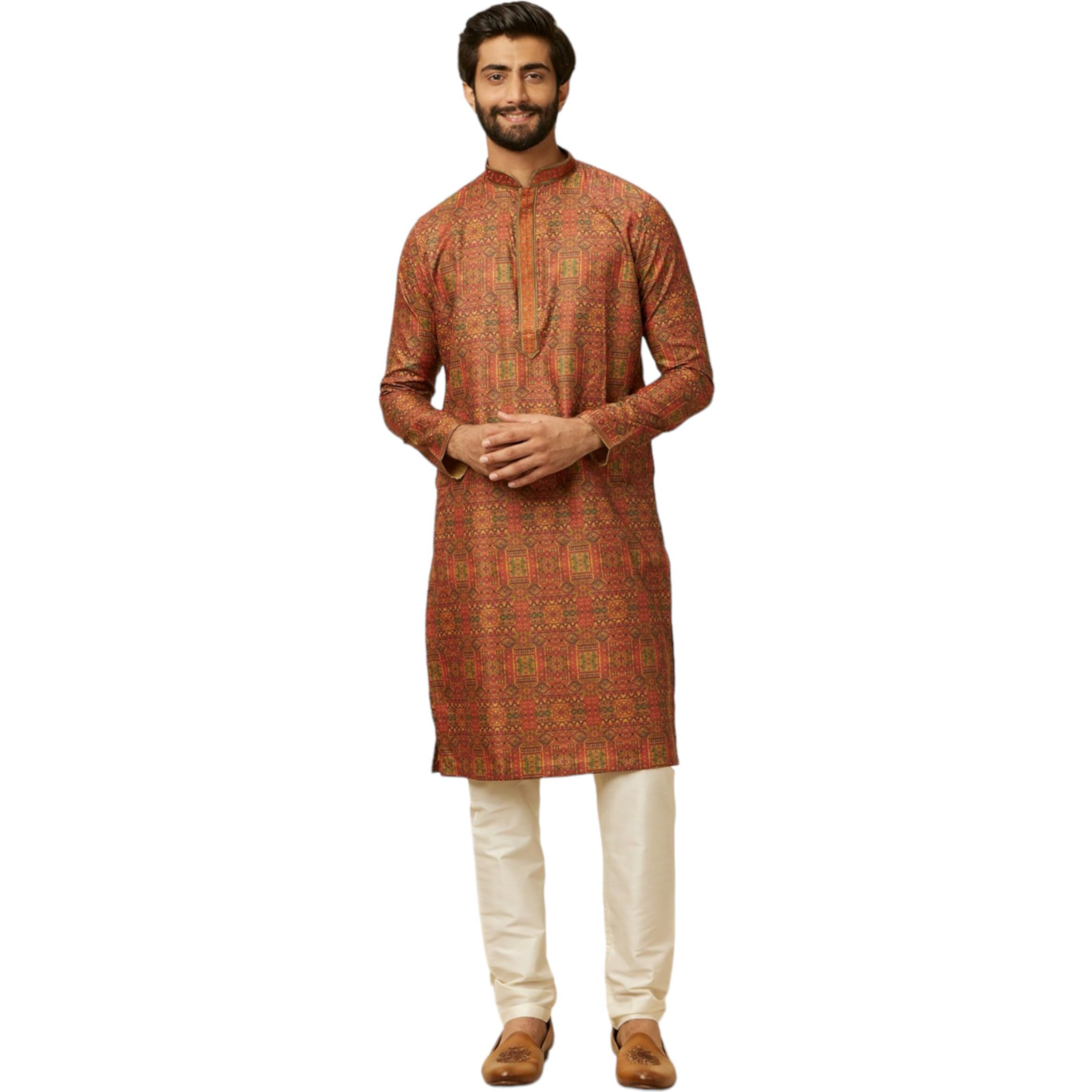 Manyavar Rust Blended Viscose Digital Print | Embroidery Kurta Pyjama Set