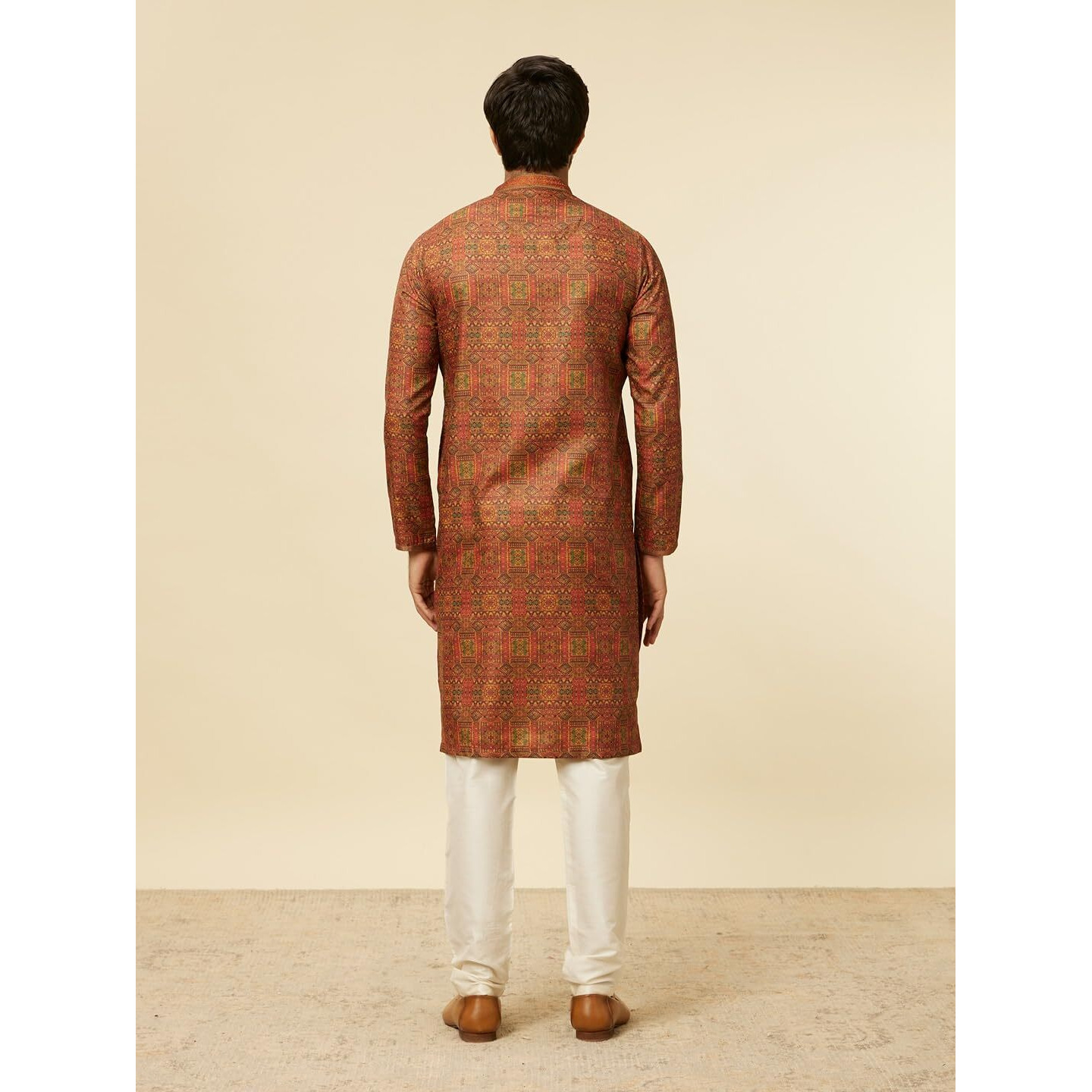 Manyavar Rust Blended Viscose Digital Print | Embroidery Kurta Pyjama Set