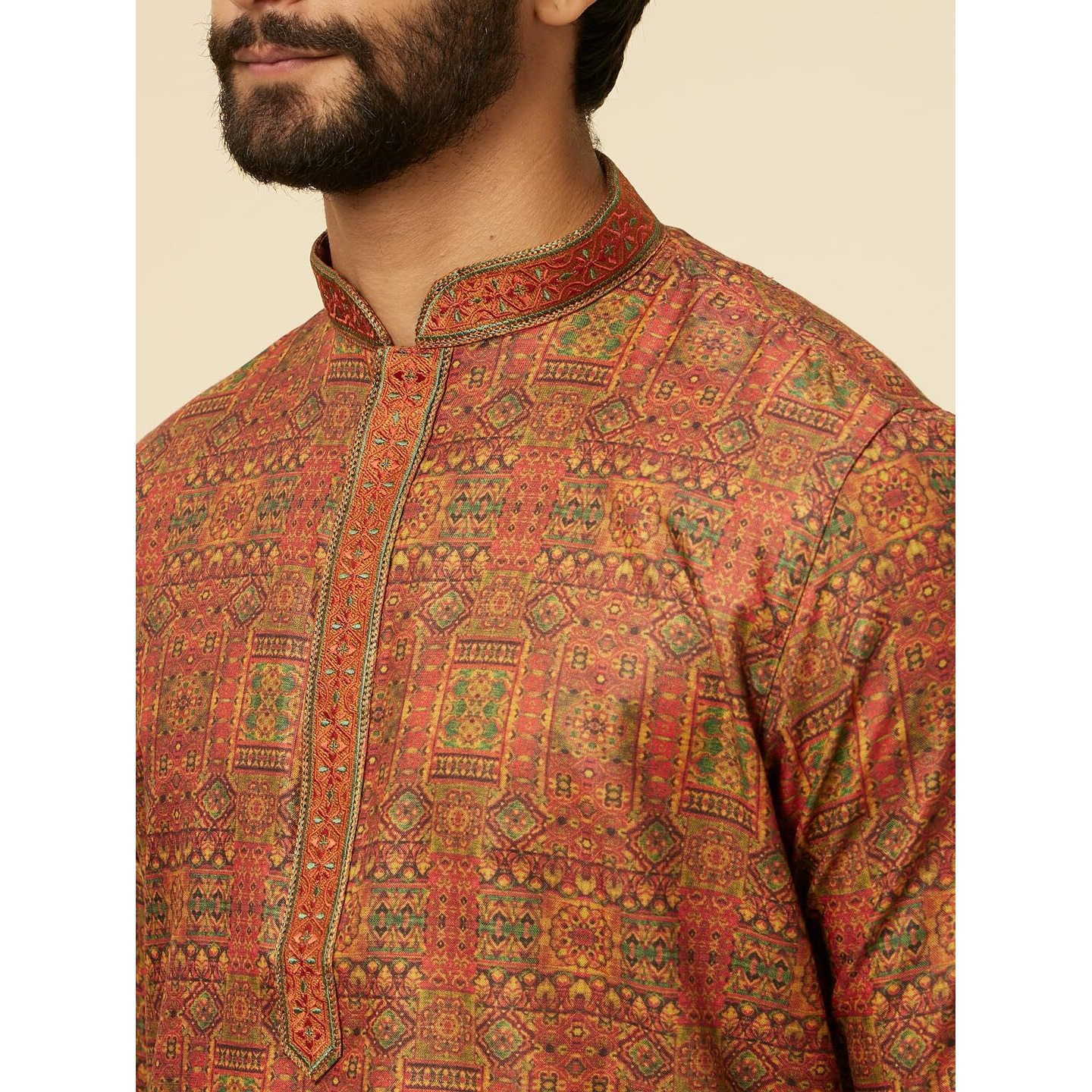 Manyavar Rust Blended Viscose Digital Print | Embroidery Kurta Pyjama Set