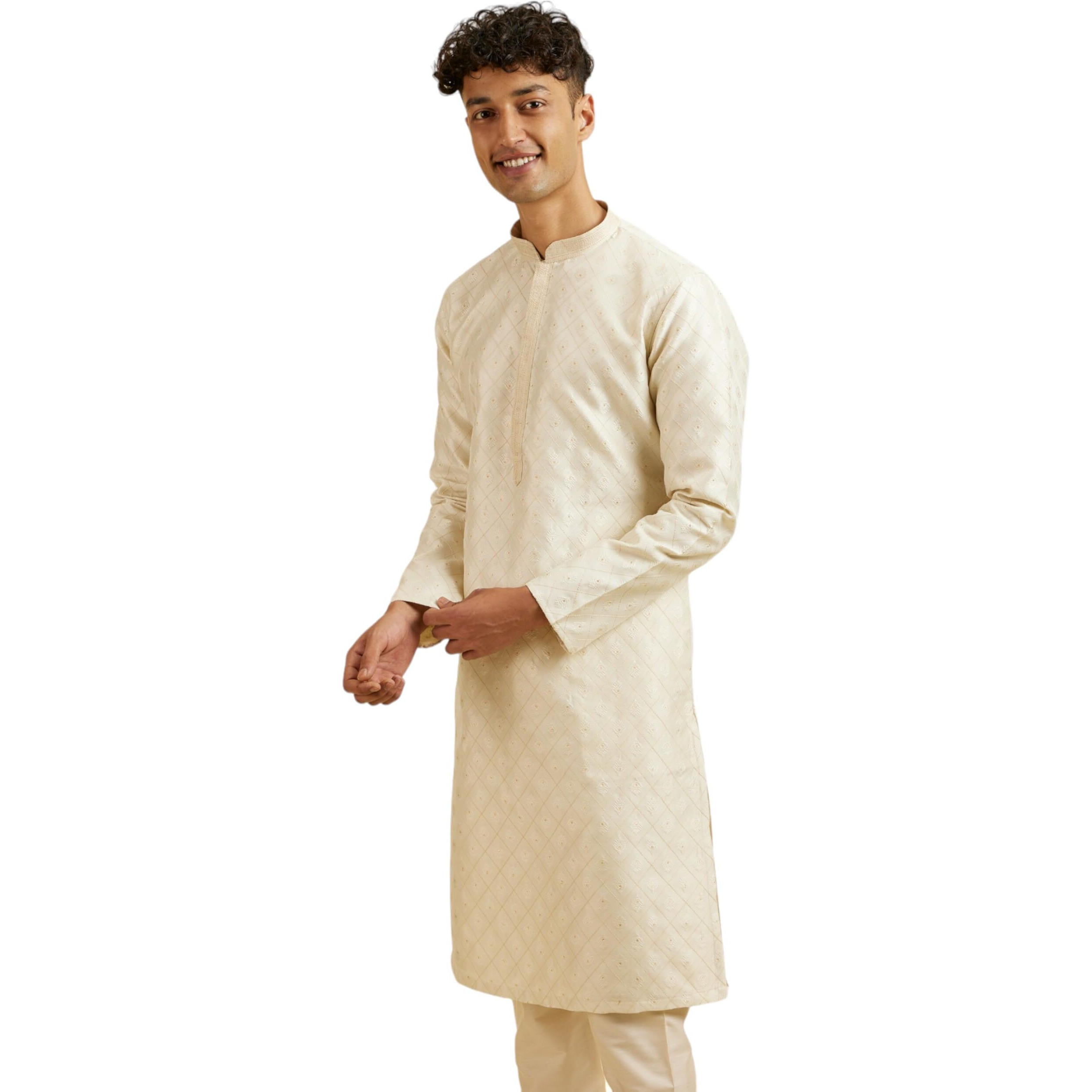 Manyavar Men's Art Silk Jacquard Embroidered Kurta Pyjama Set (Cream,XL)