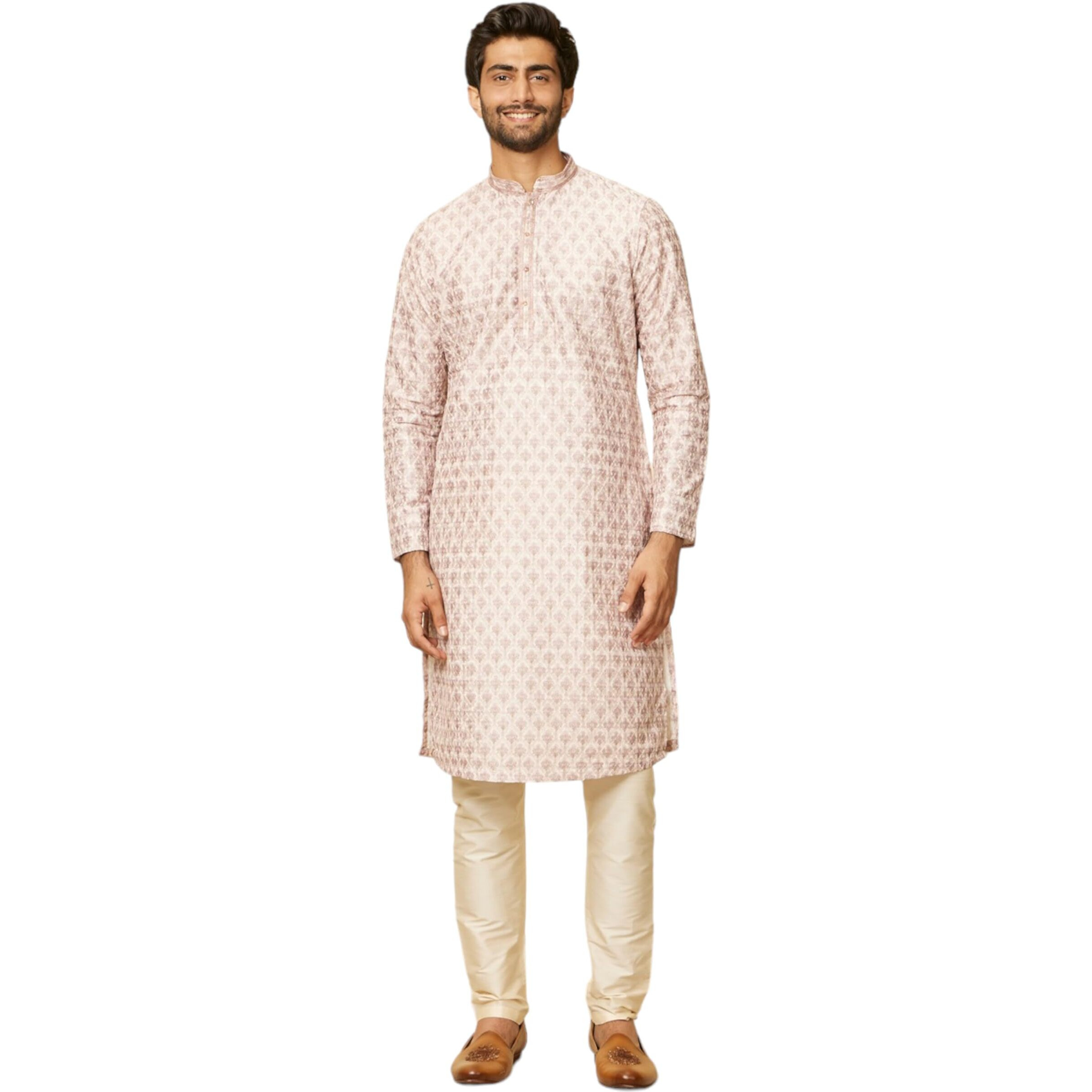Manyavar Mens Peach Art Silk Printed Kurta Pyjama Set