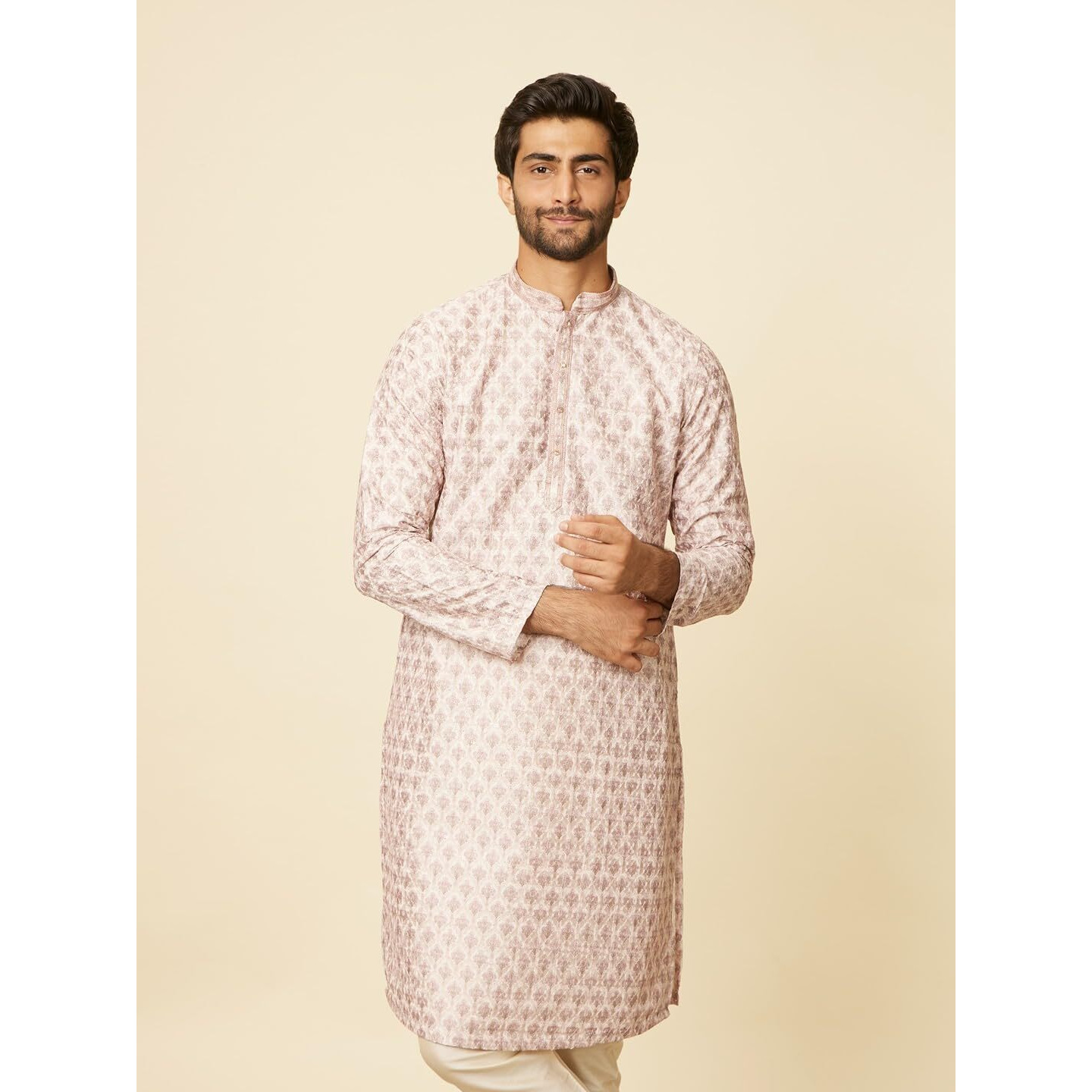 Manyavar Mens Peach Art Silk Printed Kurta Pyjama Set