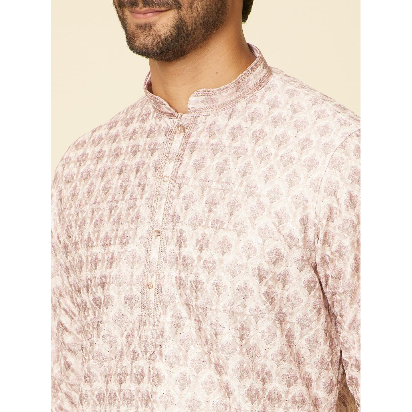 Manyavar Mens Peach Art Silk Printed Kurta Pyjama Set