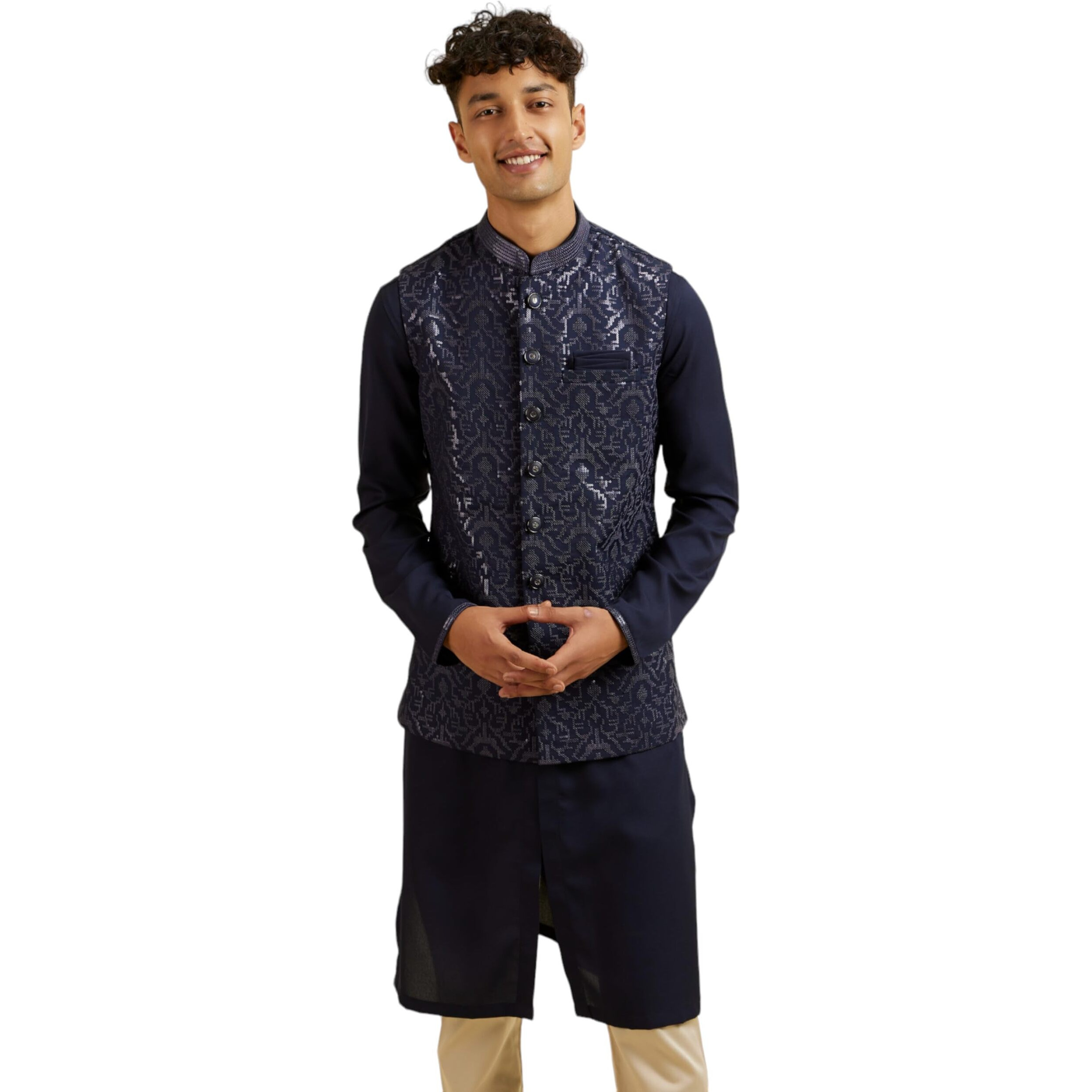 Manyavar Men's Rayon Blend Embroidered|Sequins Jacket Set (Blue,L)