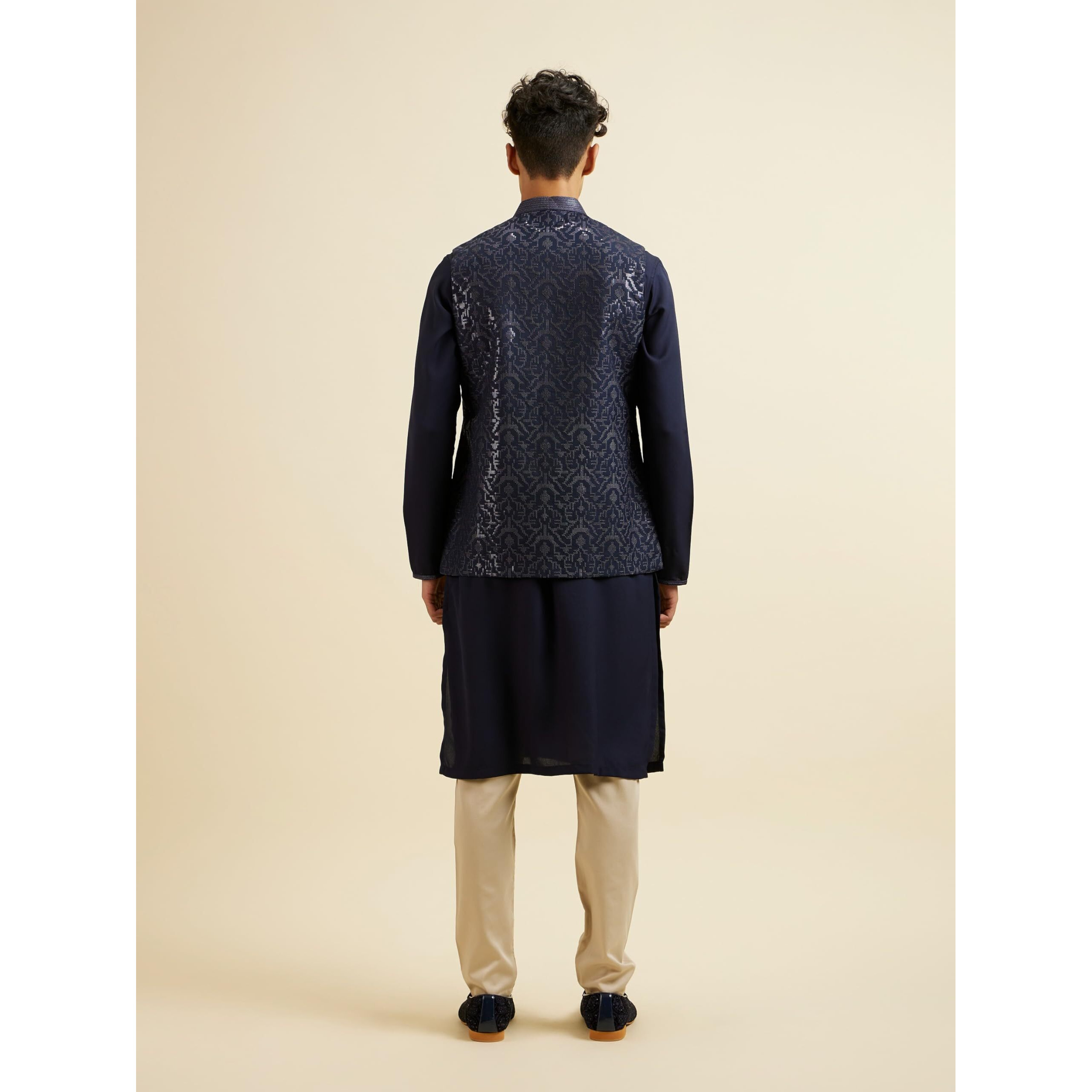 Manyavar Men's Rayon Blend Embroidered|Sequins Jacket Set (Blue,L)