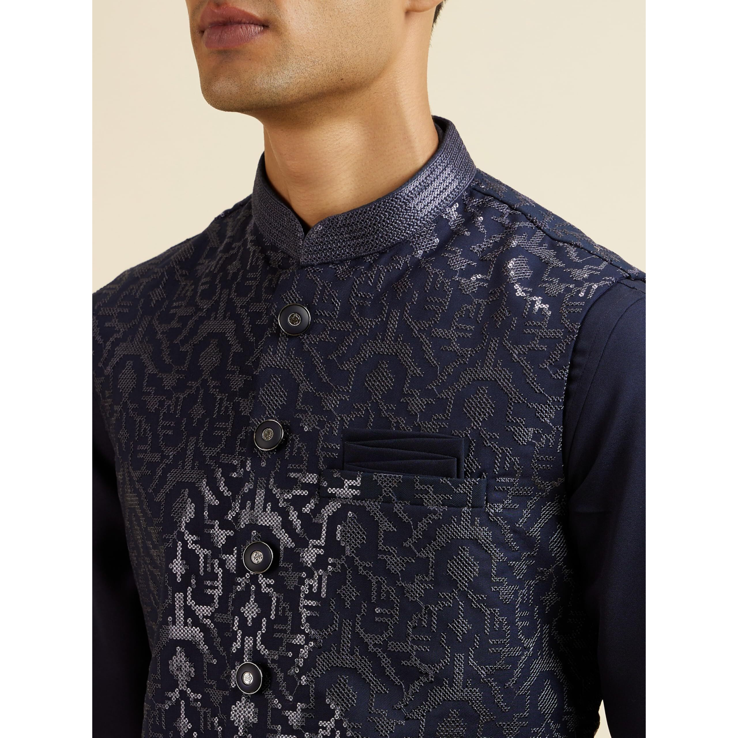 Manyavar Men's Rayon Blend Embroidered|Sequins Jacket Set (Blue,L)