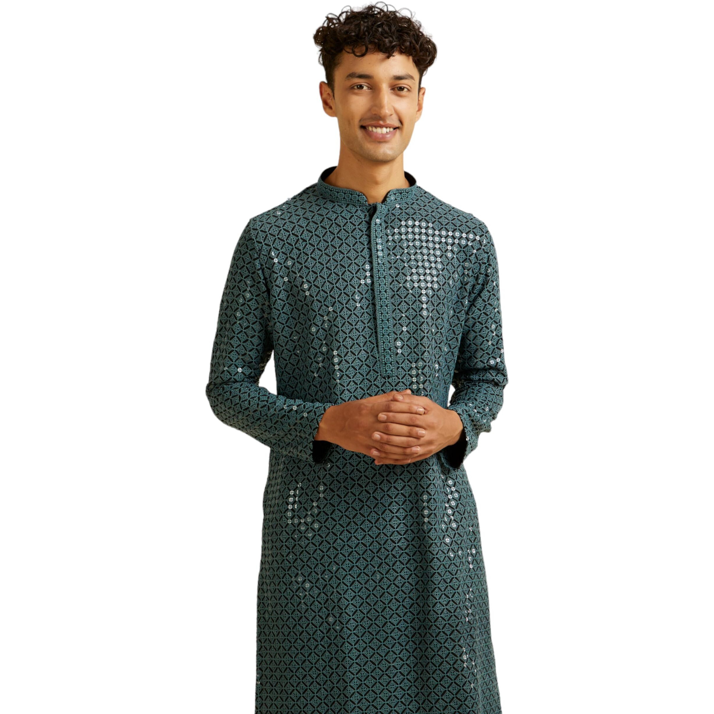 Manyavar Men's Viscose Chikankari Sequins Kurta Pyjama Set (Blue,S)