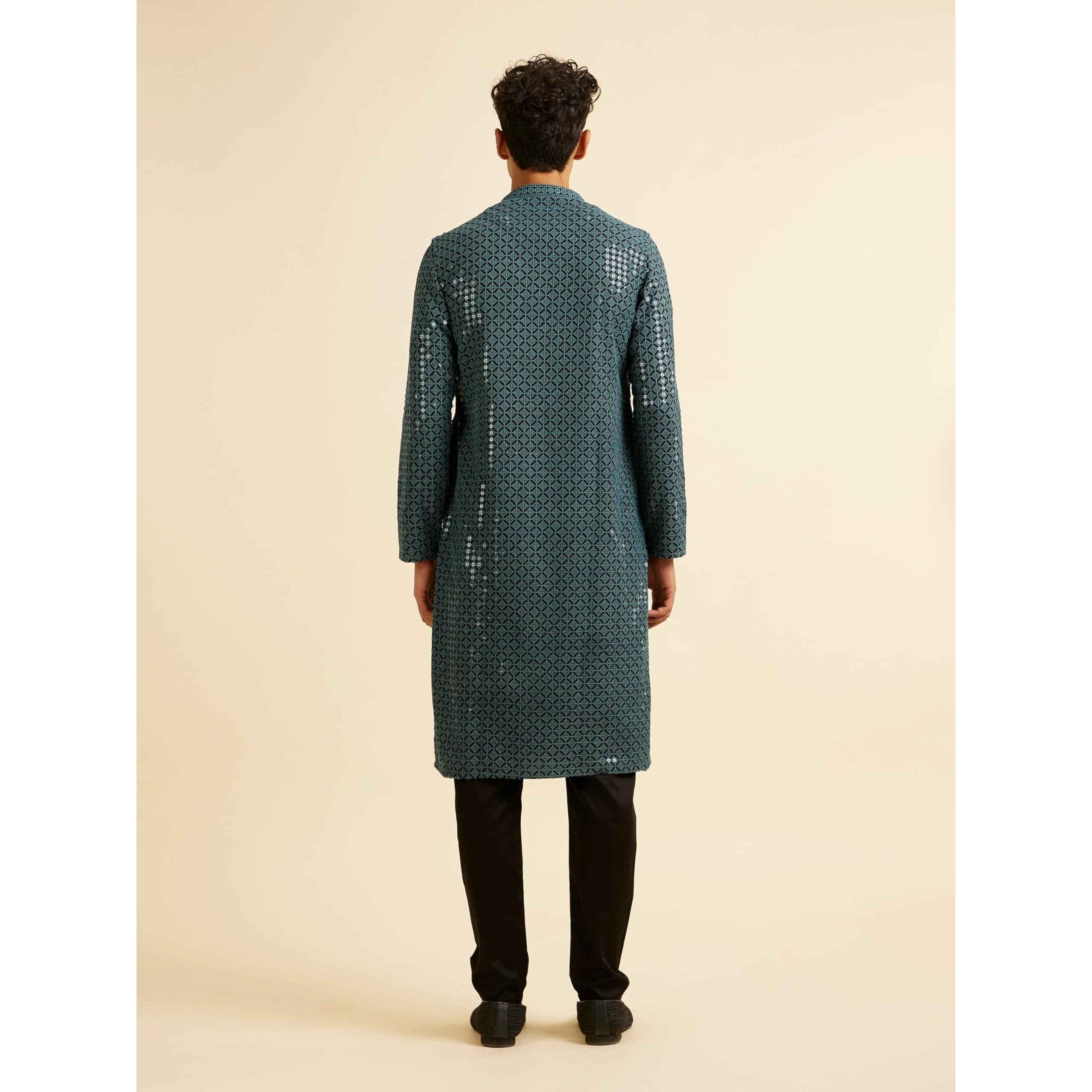 Manyavar Men's Viscose Chikankari Sequins Kurta Pyjama Set (Blue,S)