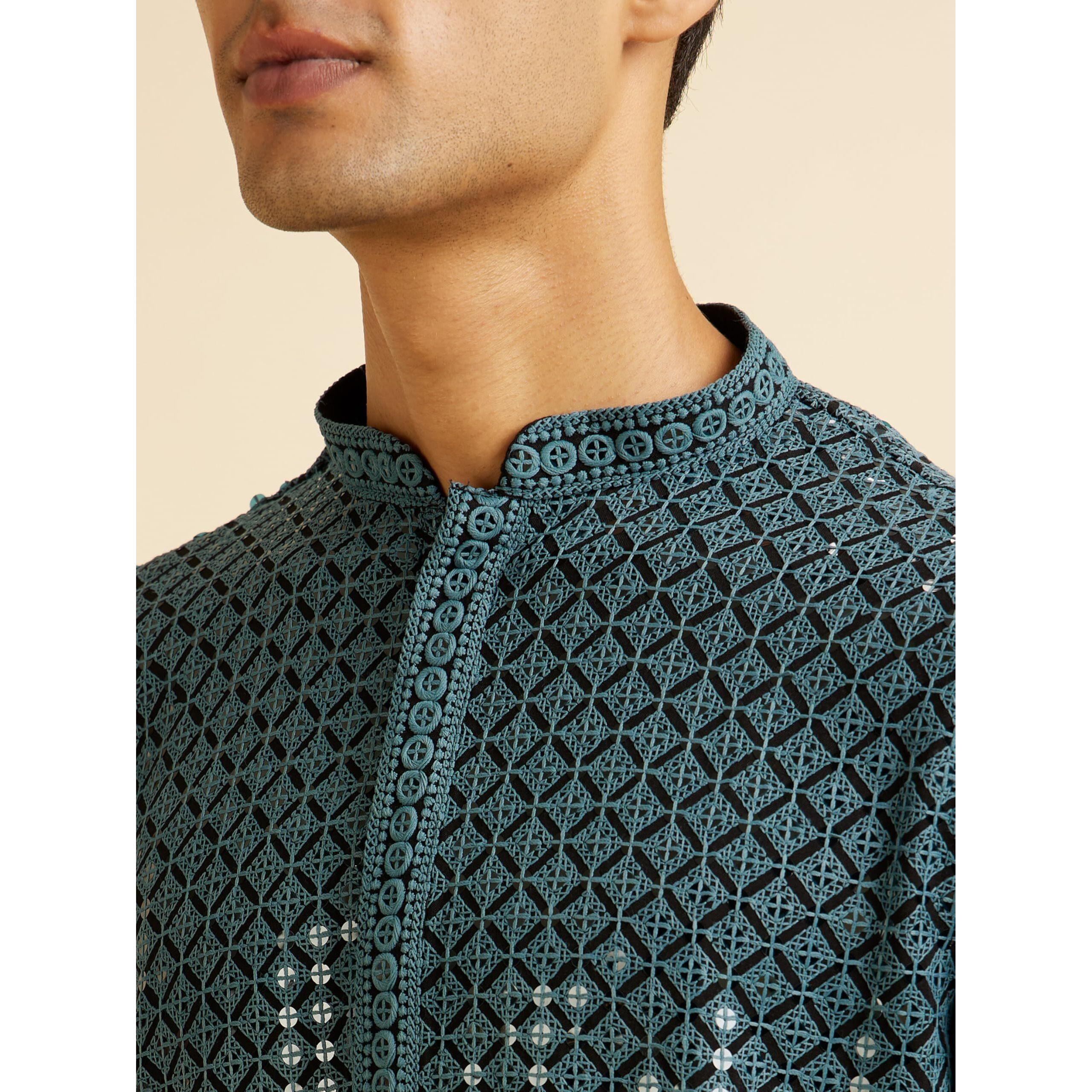 Manyavar Men's Viscose Chikankari Sequins Kurta Pyjama Set (Blue,L)