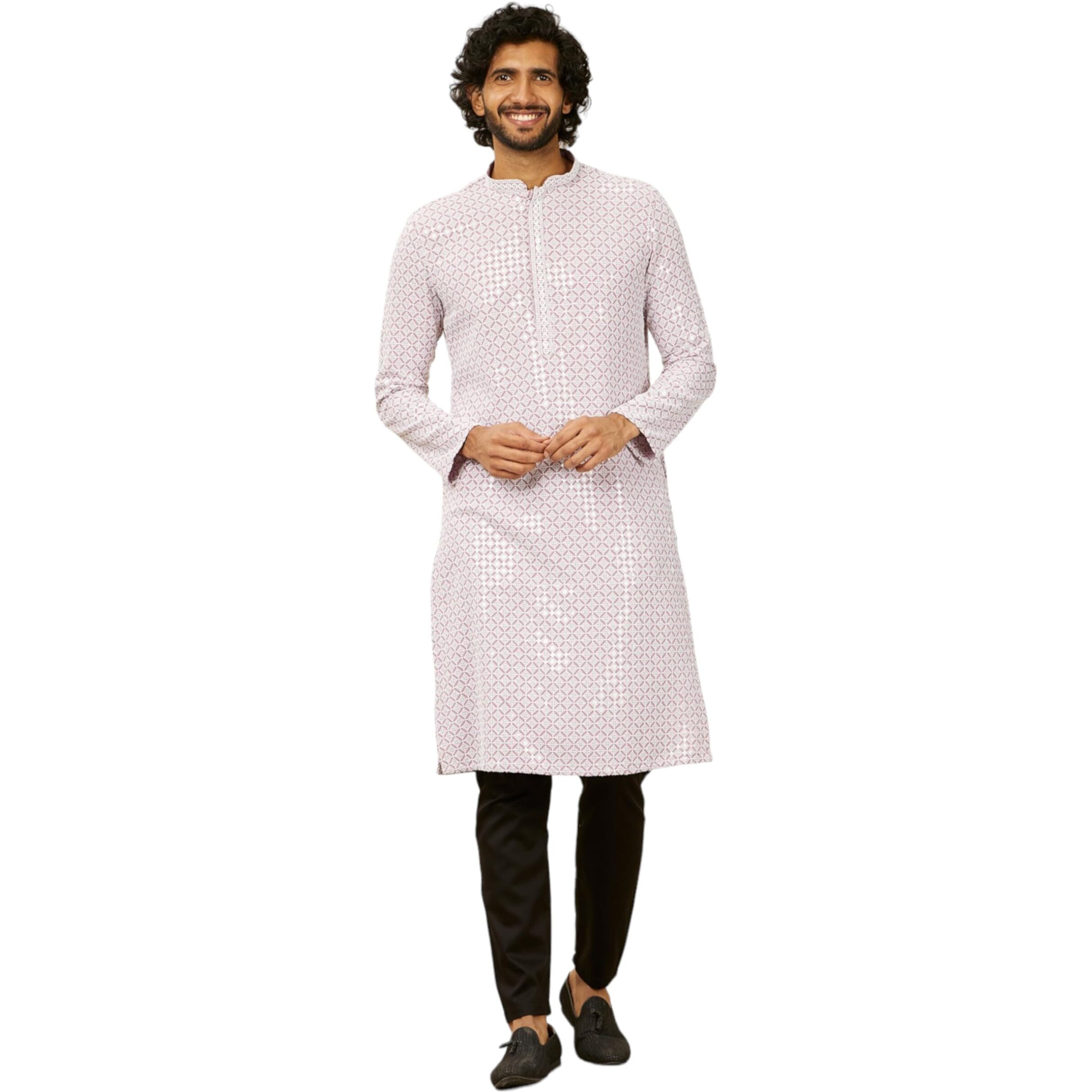 Manyavar Lilac Viscose Embroidery|Sequin Work Kurta Pyjama Set for Men