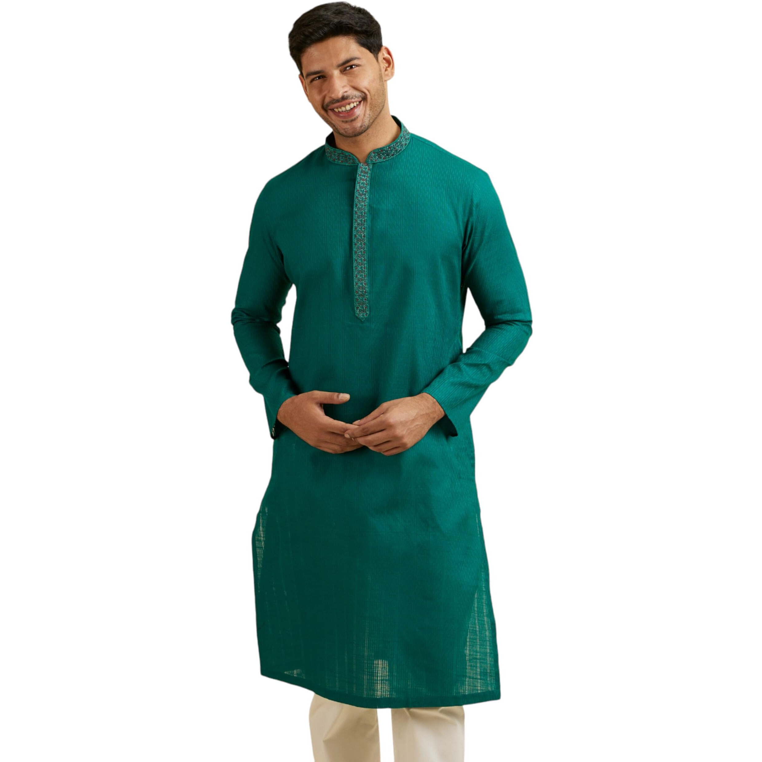 Manyavar Men's Cotton Embroidered Self Design Kurta Pyjama Set (Green,L)