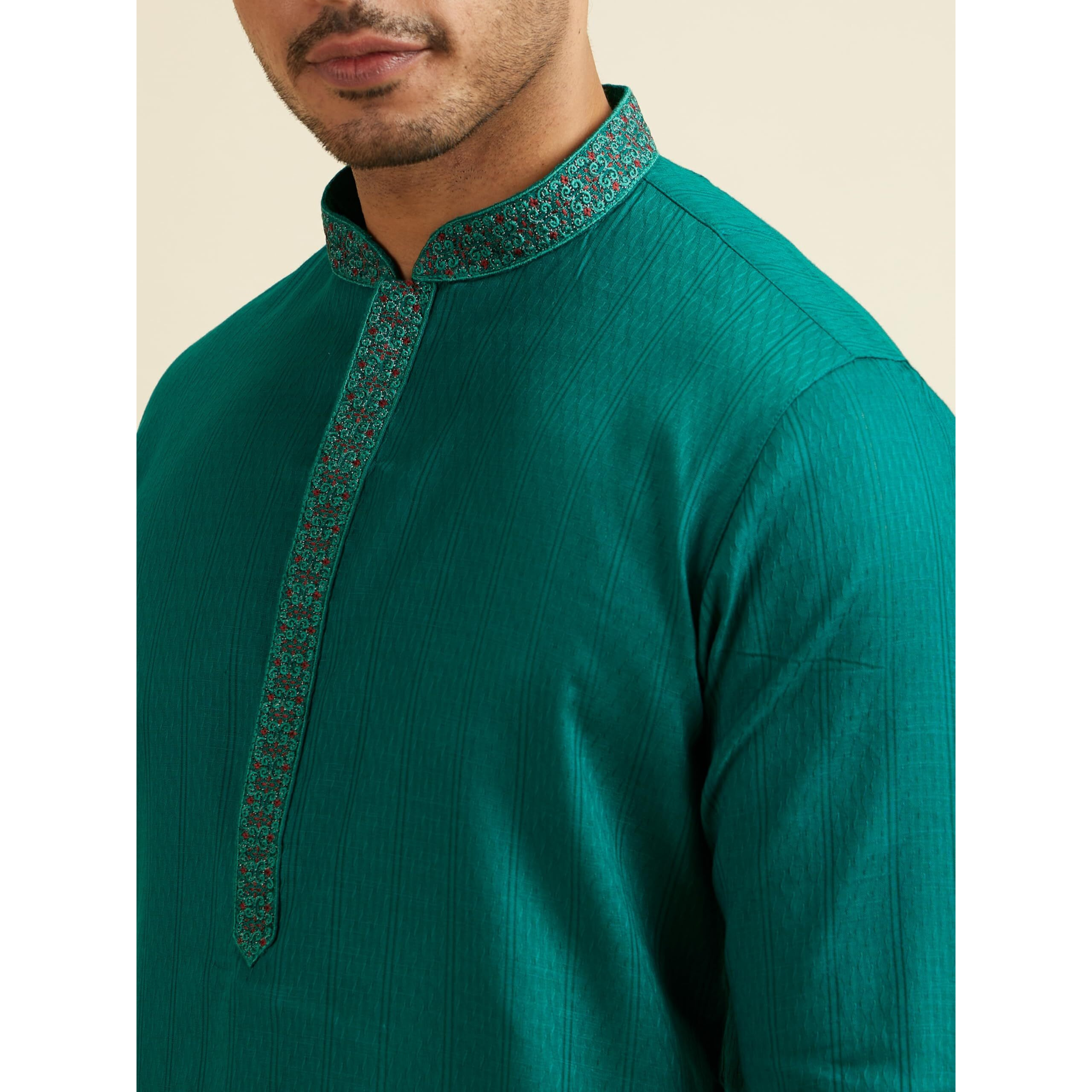 Manyavar Men's Cotton Embroidered Self Design Kurta Pyjama Set (Green,L)