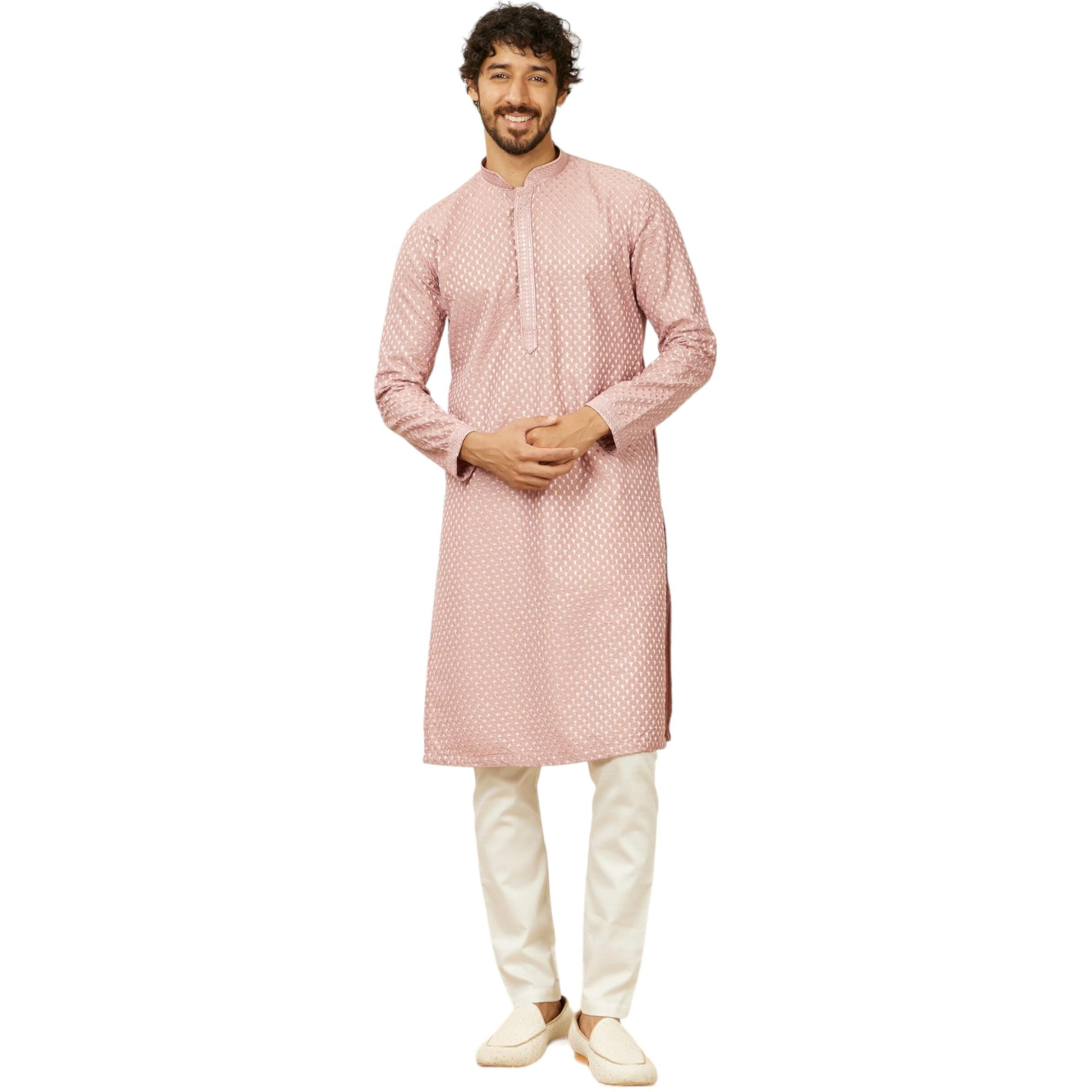 Manyavar Dusty Pink Art Silk Embroidery|Sequin Work Kurta Pyjama Set for Men