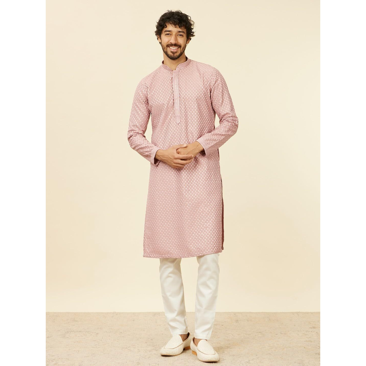 Manyavar Dusty Pink Art Silk Embroidery|Sequin Work Kurta Pyjama Set for Men