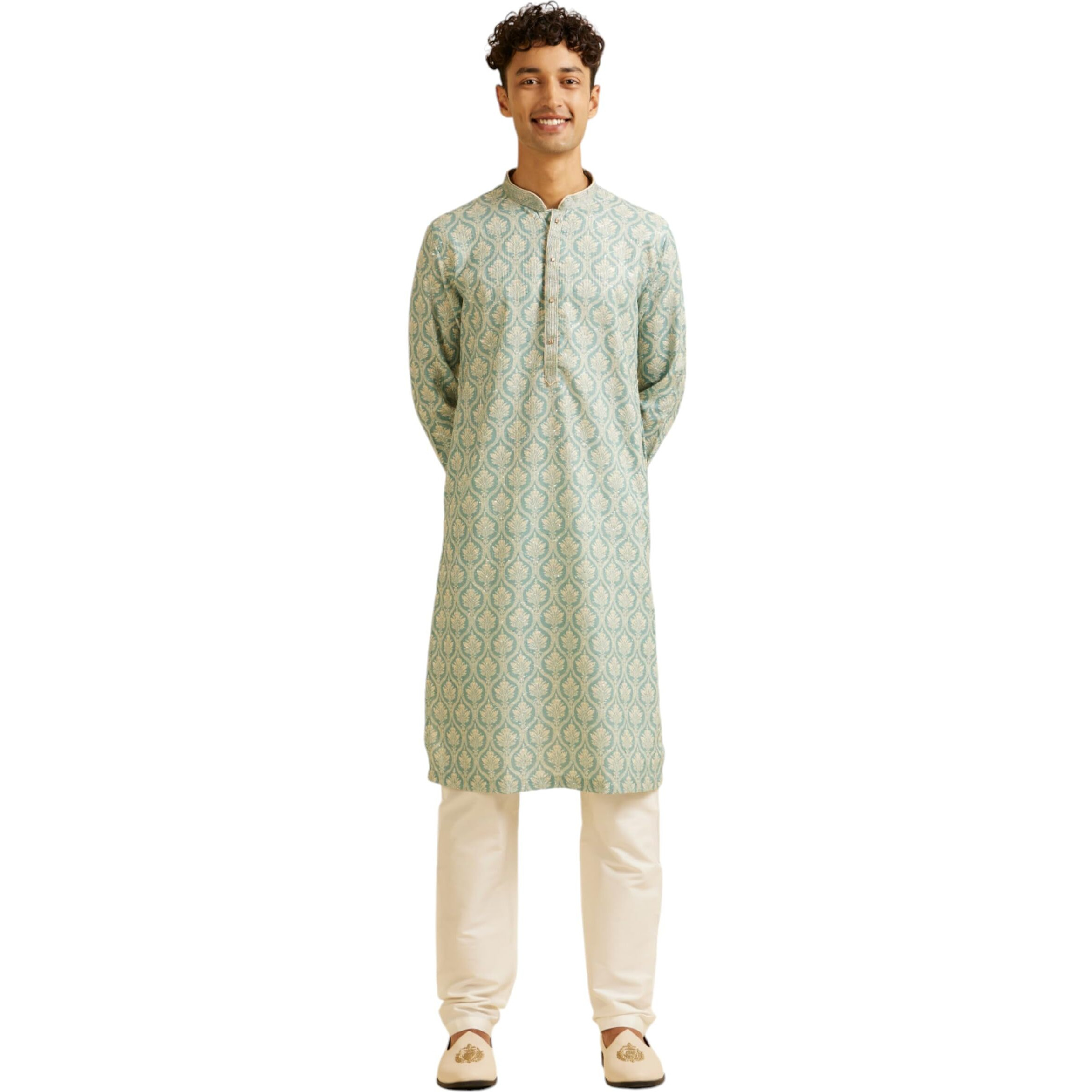 Manyavar Men's Cotton Blend Printed|Embroidered Kurta Pyjama Set (Green,XL)