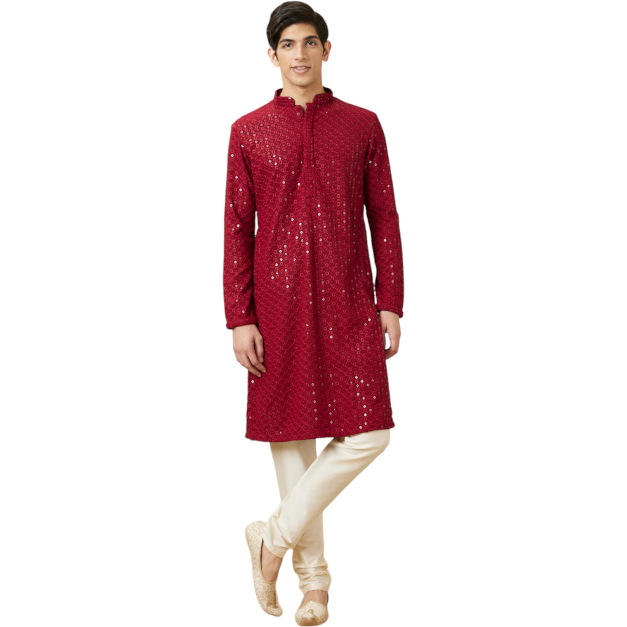 Manyavar Mens Maroon Viscose Embroidered Kurtas