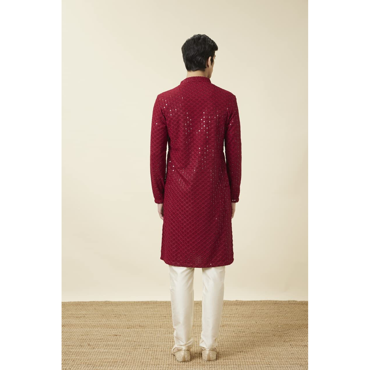 Manyavar Mens Maroon Viscose Embroidered Kurtas
