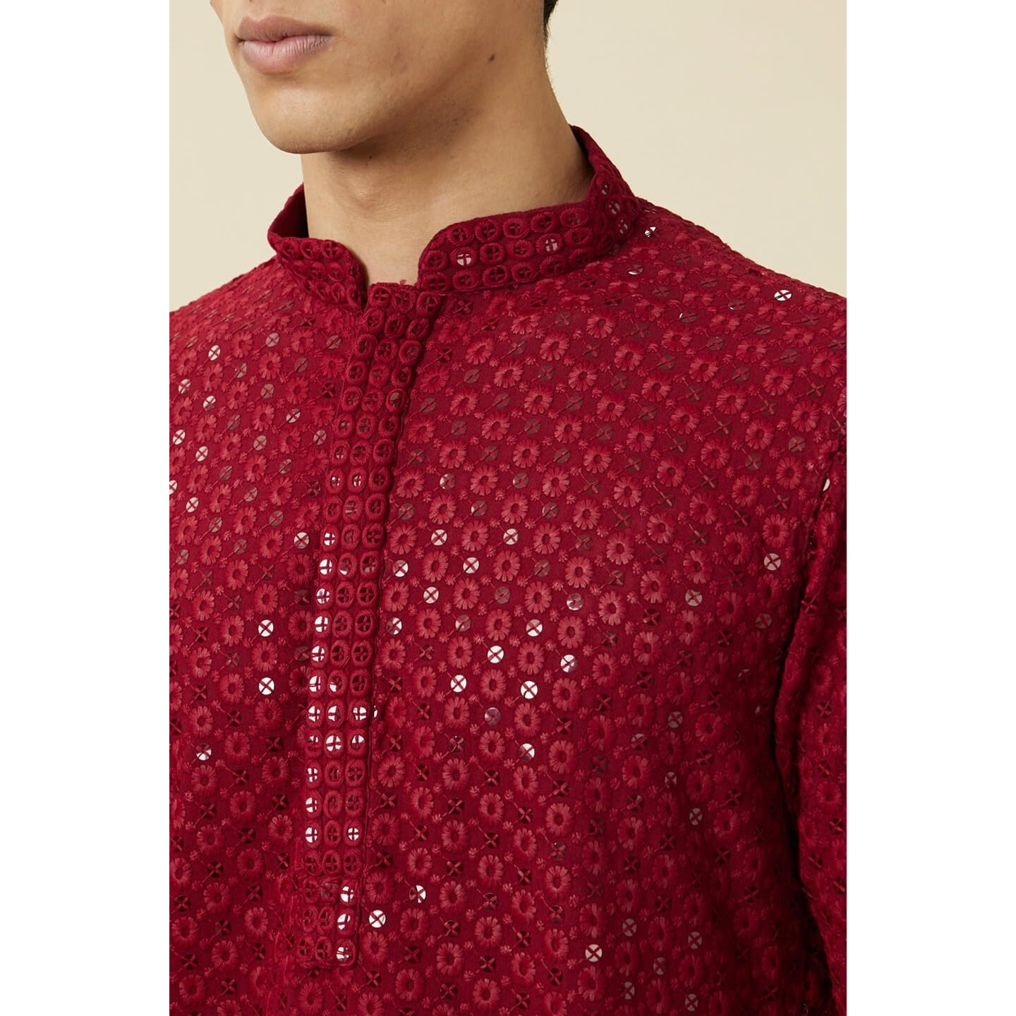 Manyavar Mens Maroon Viscose Embroidered Kurtas