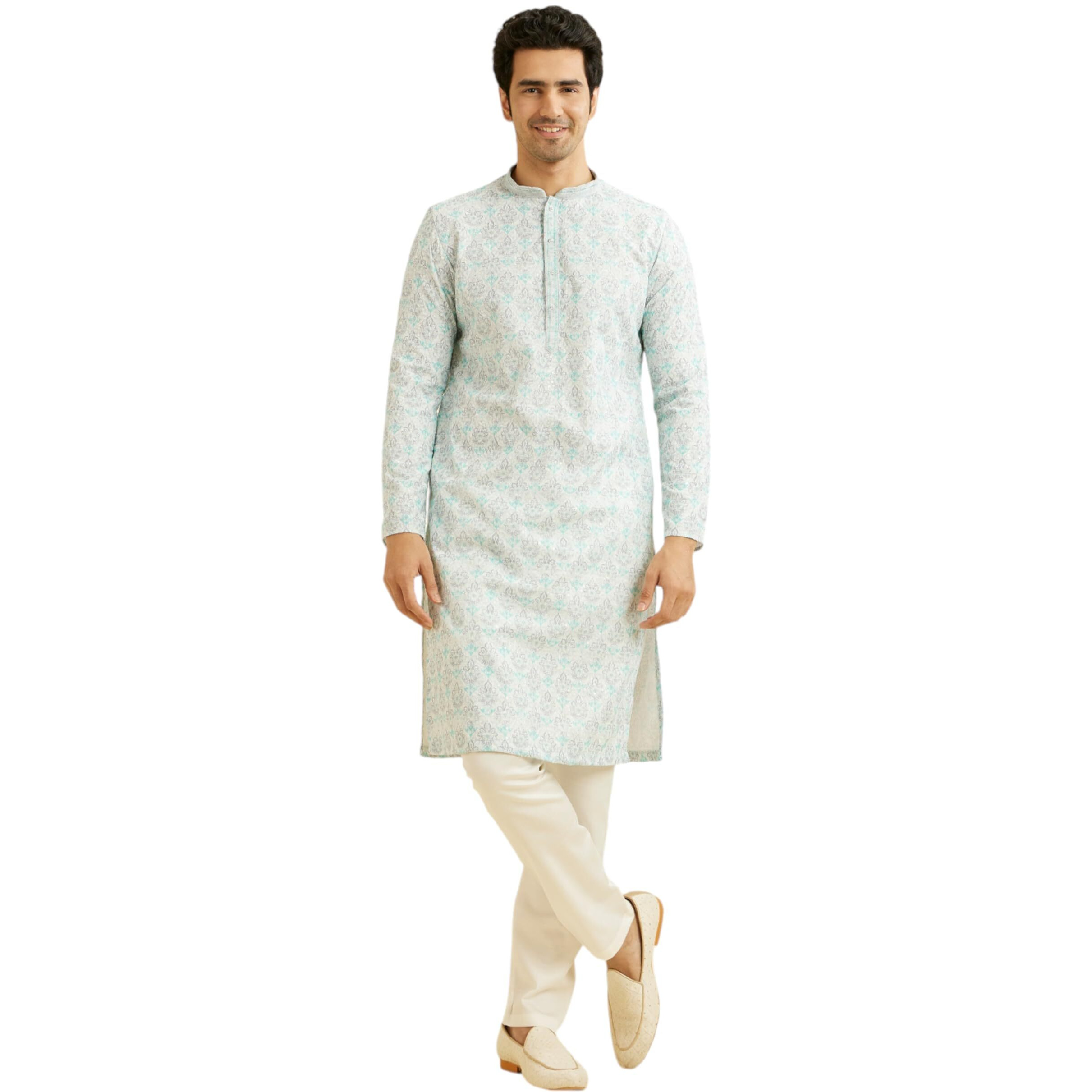 Manyavar Men's Cotton Blend Printed | Chikankari Kurta Pyjama Set (Blue,S)