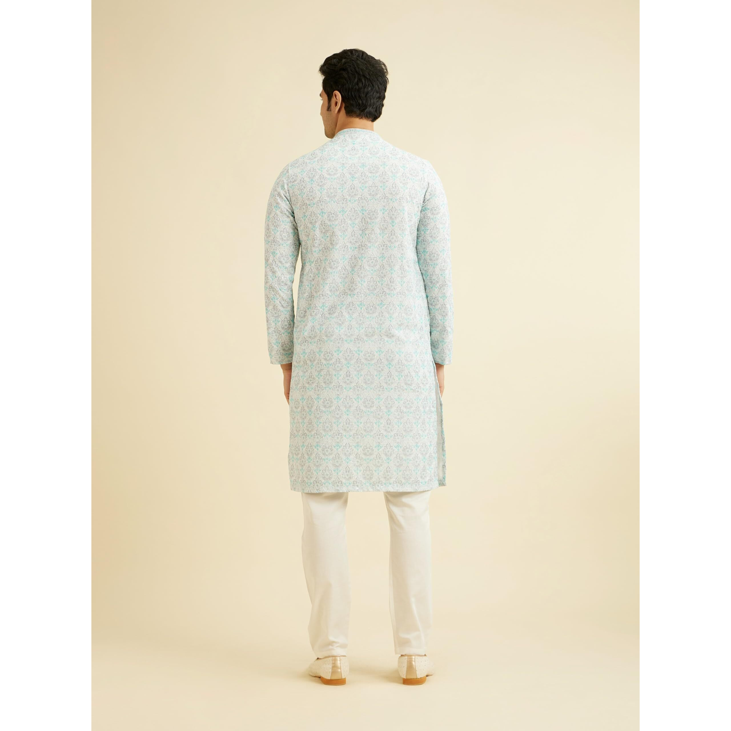 Manyavar Men's Cotton Blend Printed | Chikankari Kurta Pyjama Set (Blue,S)