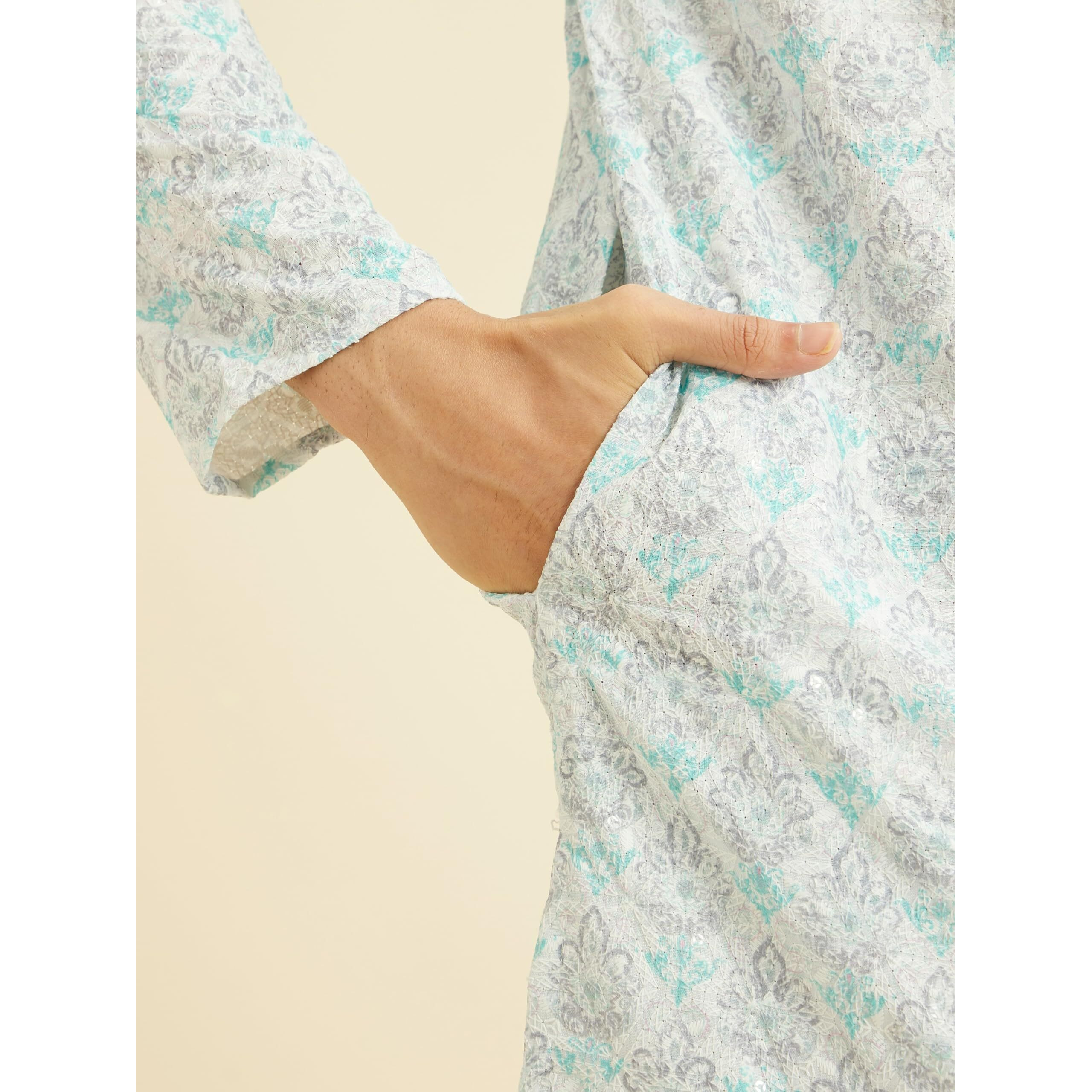 Manyavar Men's Cotton Blend Printed | Chikankari Kurta Pyjama Set (Blue,S)