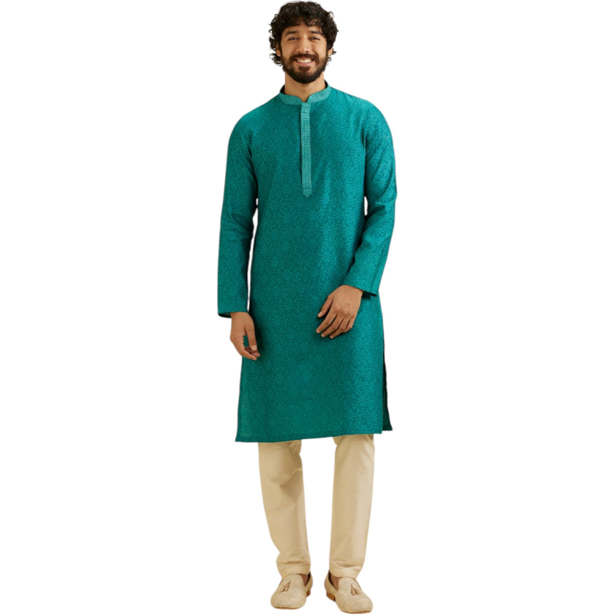 Manyavar Men's Viscose Blend Jacquard Embroidered Kurta Pyjama Set (Green,XL)