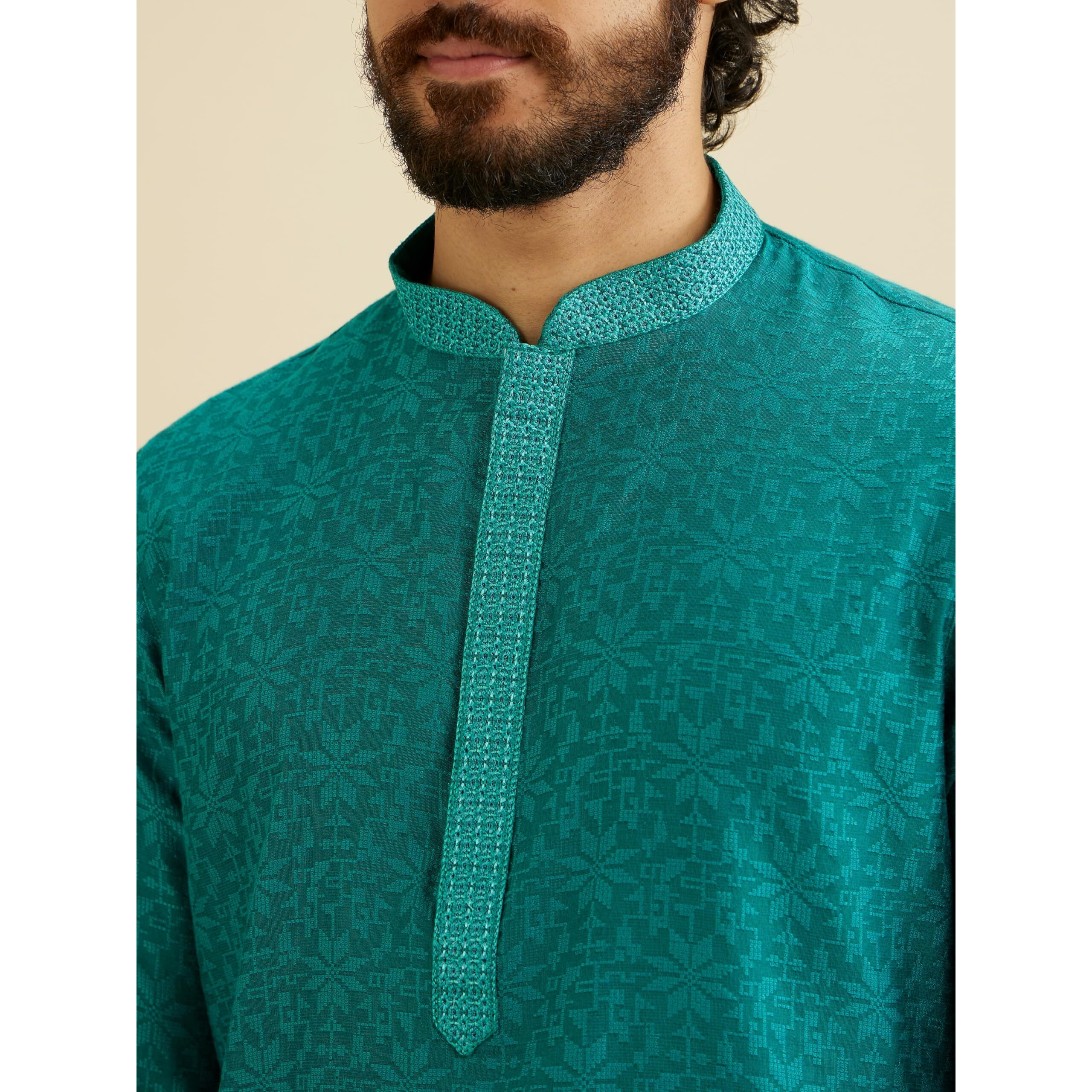 Manyavar Men's Viscose Blend Jacquard Embroidered Kurta Pyjama Set (Green,XL)