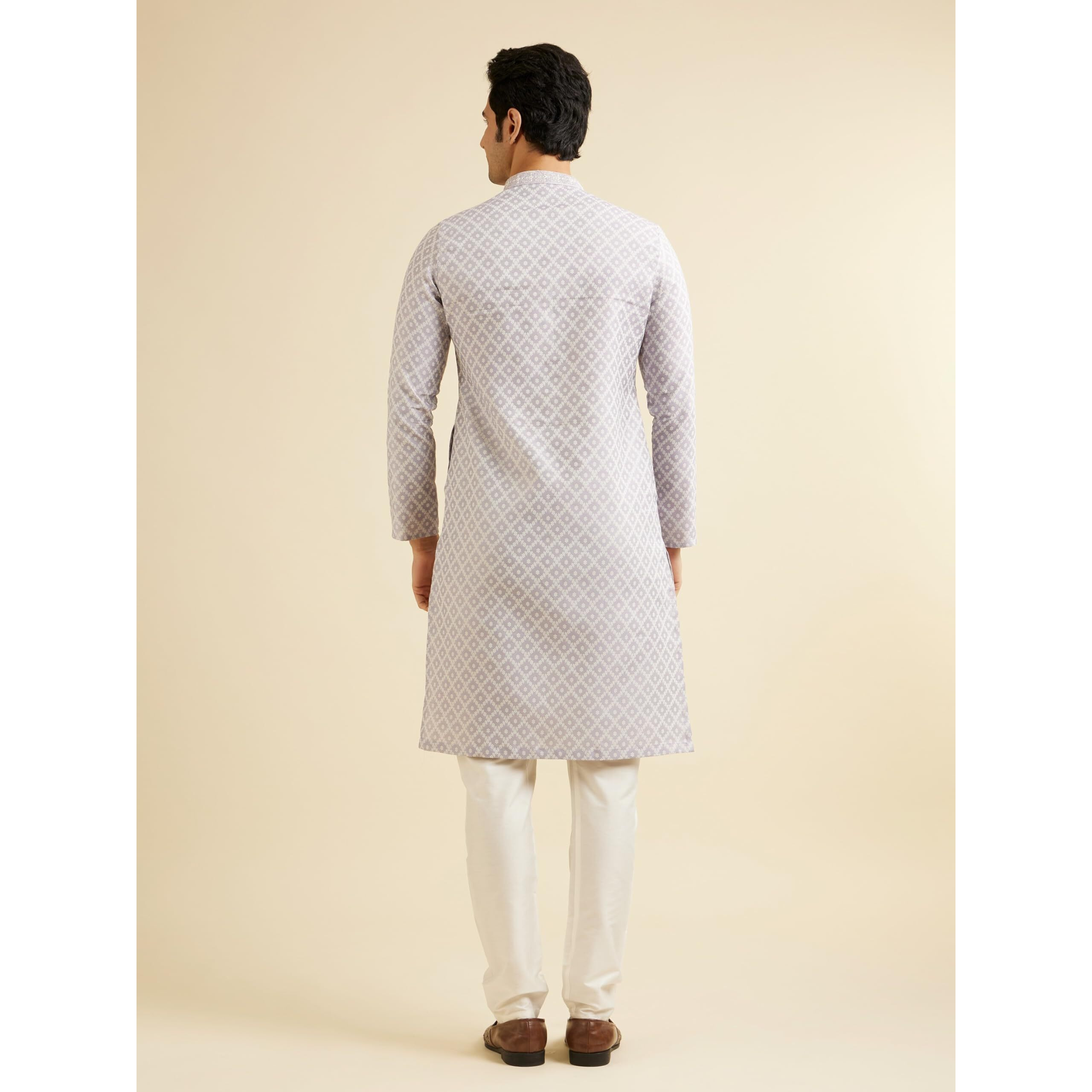 Manyavar Men's Art Silk Grid Patterned Kurta Set (Lilac,XL)