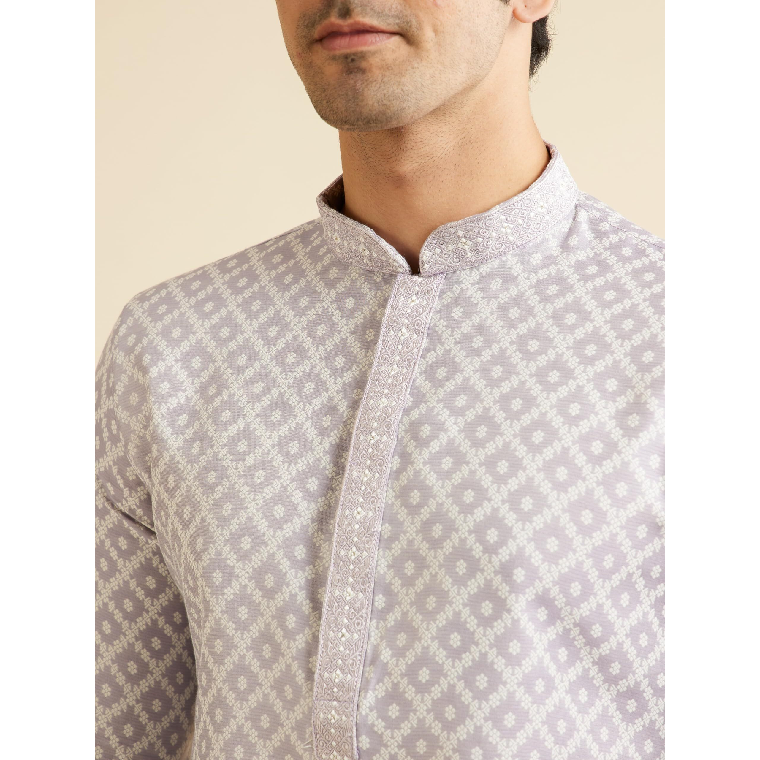 Manyavar Men's Art Silk Grid Patterned Kurta Set (Lilac,XL)