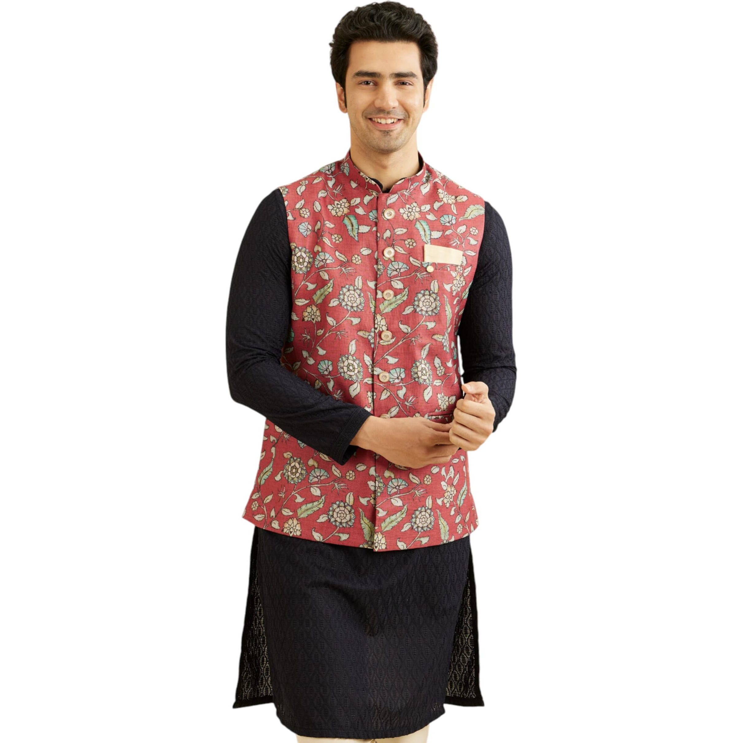 Manyavar Men's Viscose Blend Printed Jacket (Rust,XXXL)