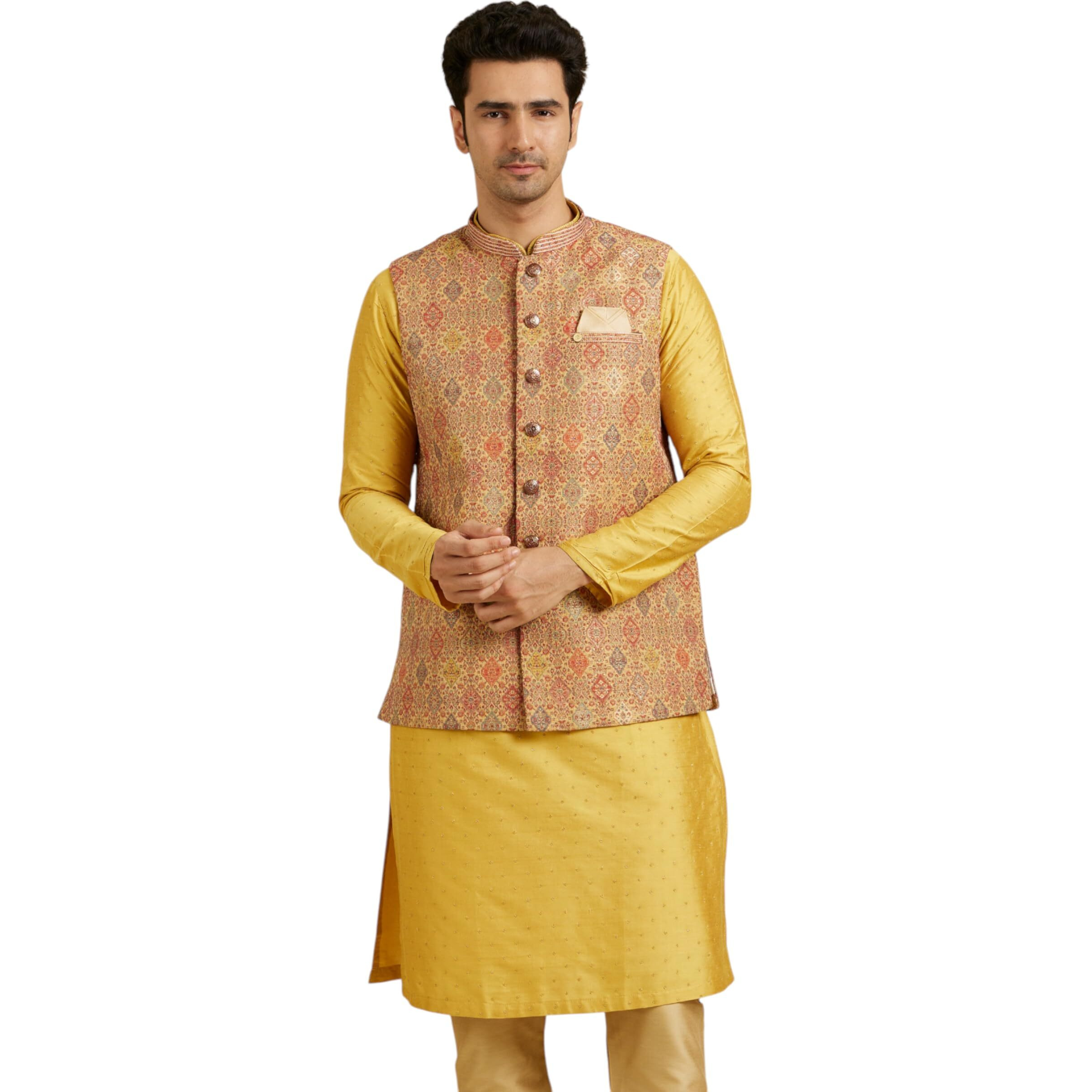 Manyavar Men's Brocade Printed Jacquard Weave Nehru Jacket (Fawn,S)