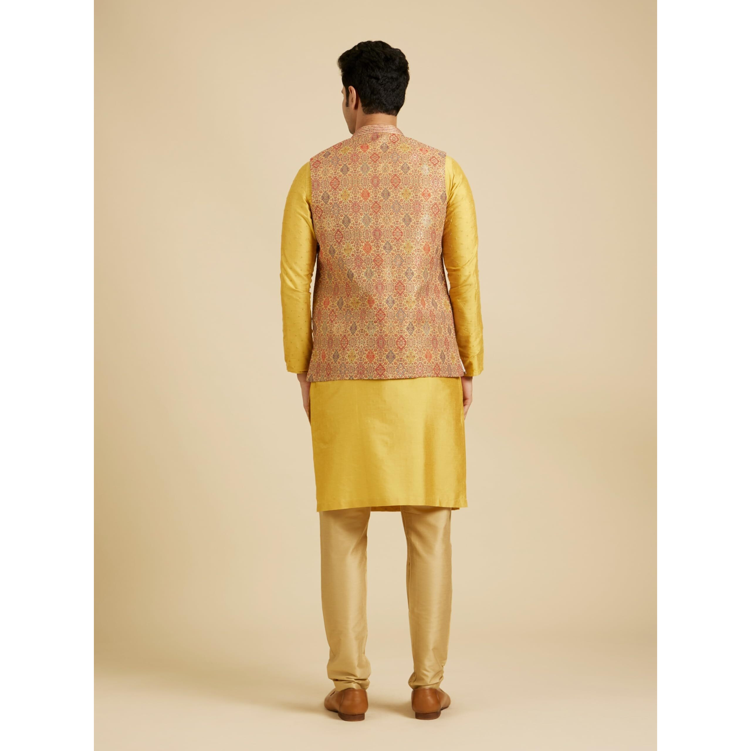 Manyavar Men's Brocade Printed Jacquard Weave Nehru Jacket (Fawn,S)