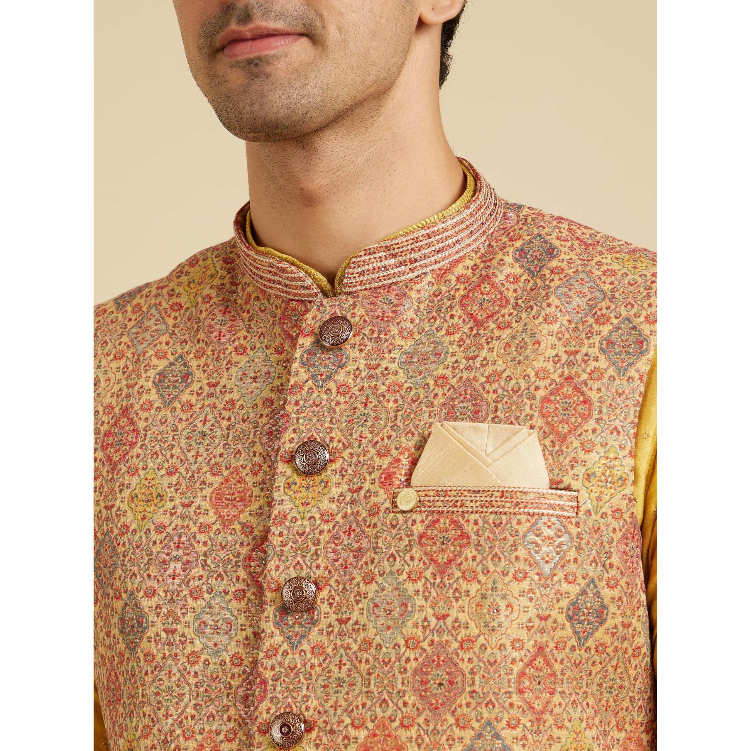 Manyavar Men's Brocade Printed Jacquard Weave Nehru Jacket (Fawn,S)