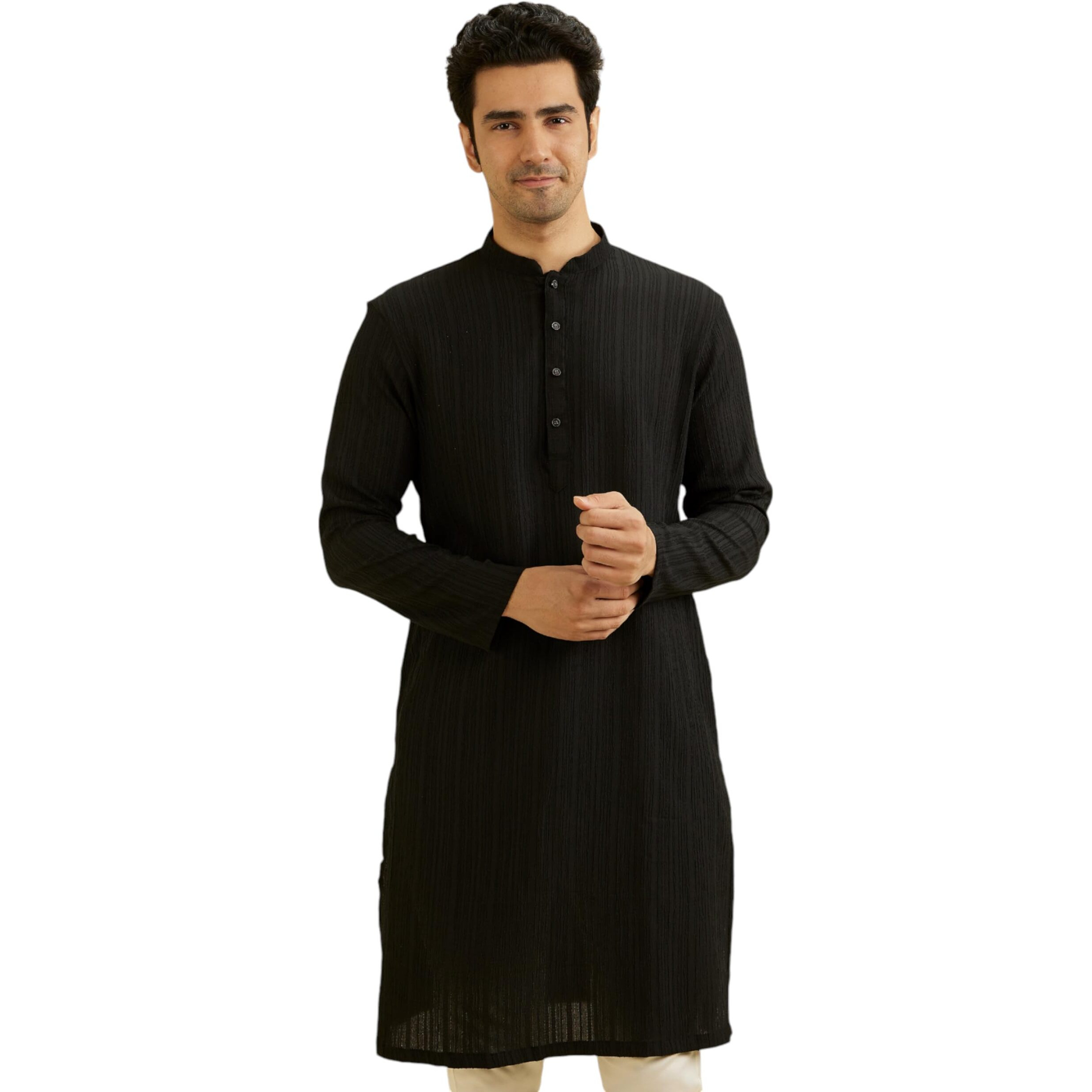 Manyavar Men's Spandex Self Design Kurta (Black,XL)