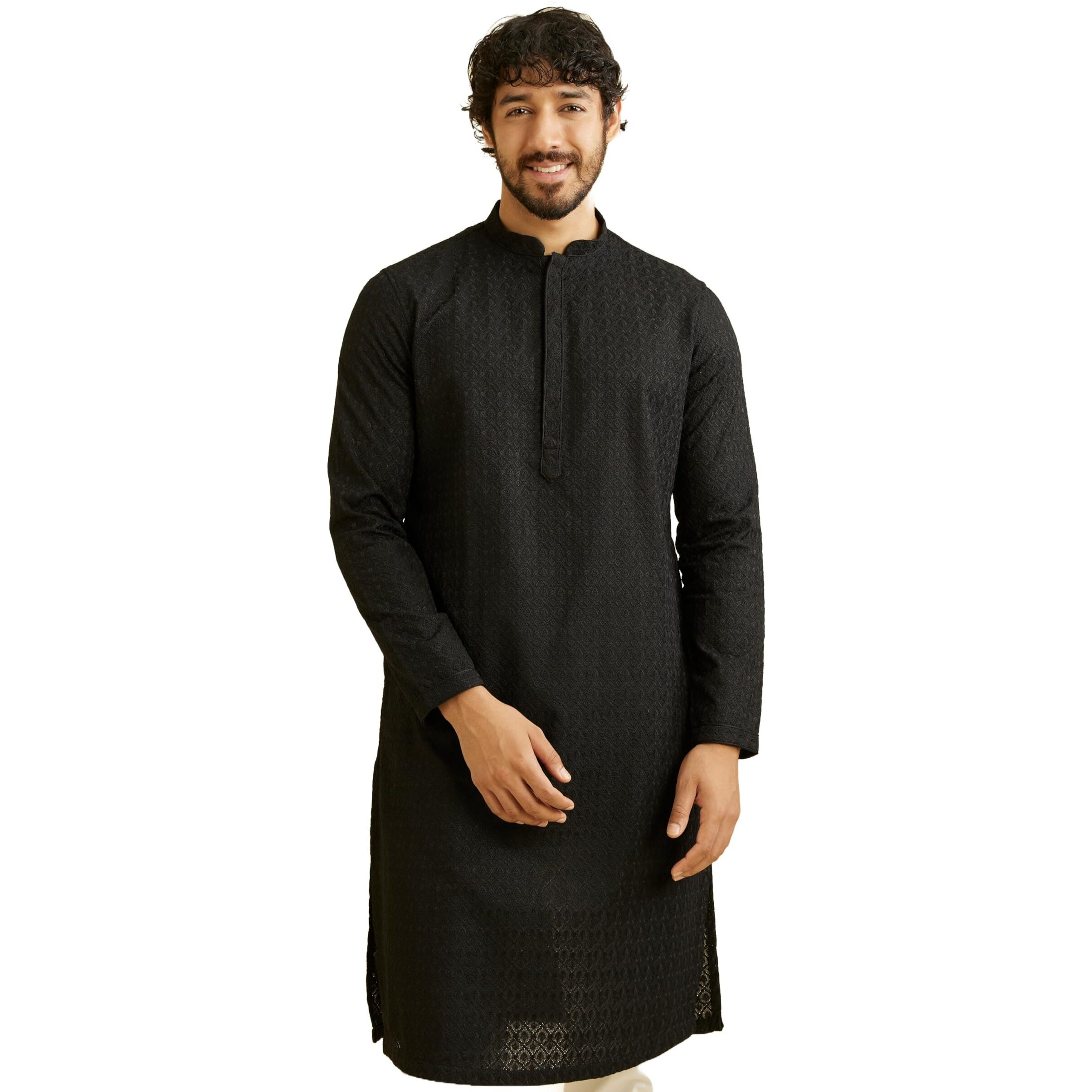 Manyavar Black Blended Cotton Solid Kurtas for Men (Kurta ONLY)