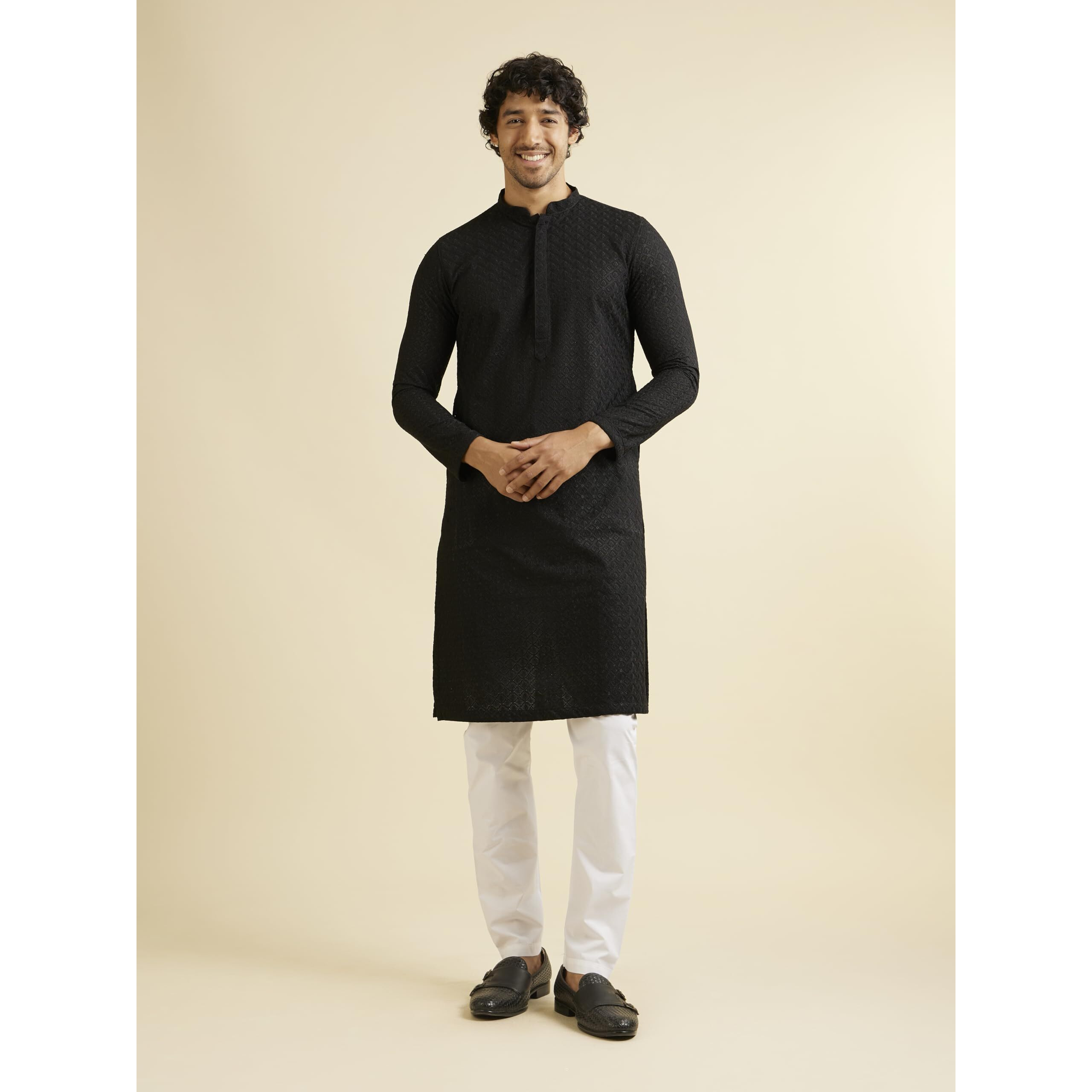 Manyavar Black Blended Cotton Solid Kurtas for Men (Kurta ONLY)
