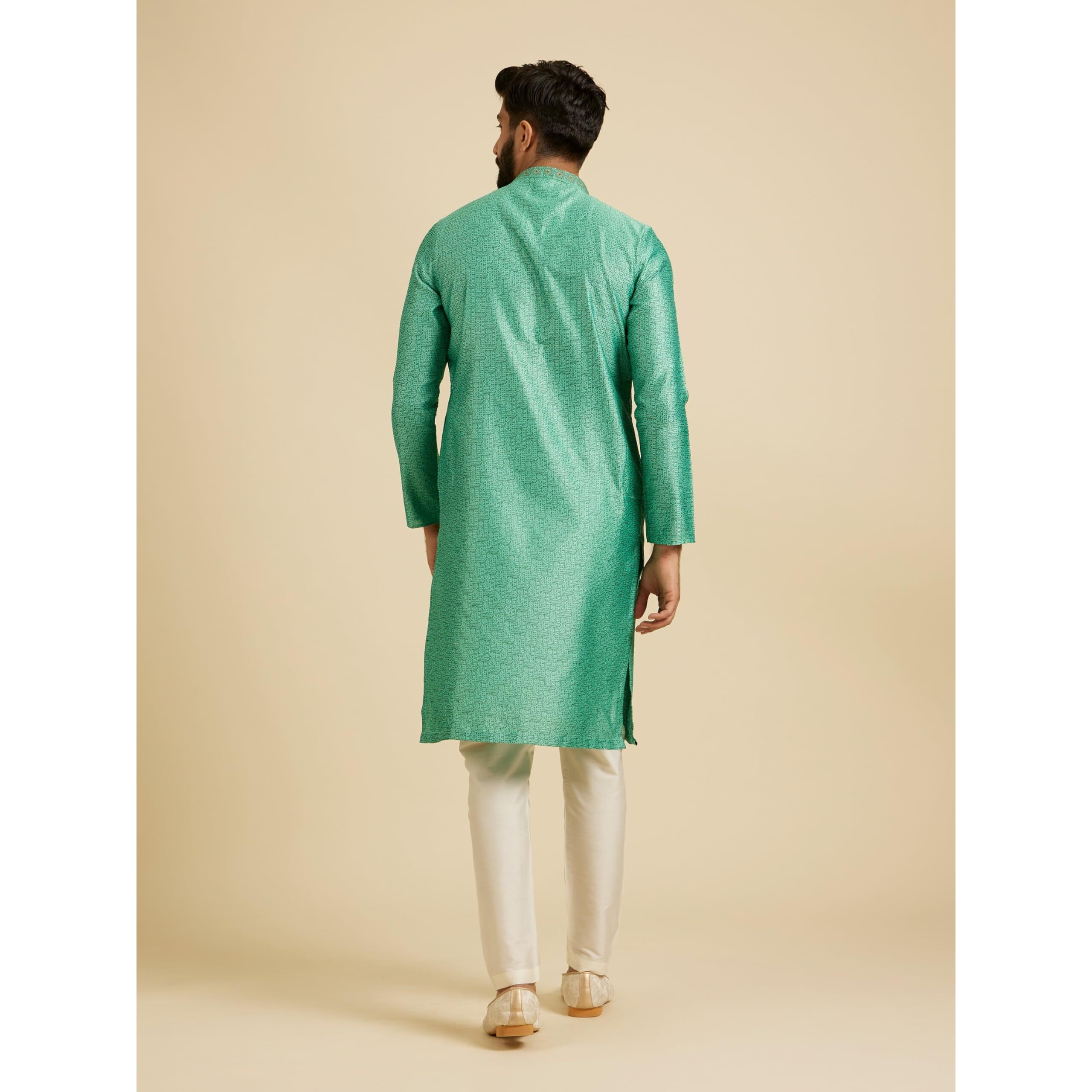 Manyavar Men's Art Silk Intricate Prints & Neck Detailing Kurta Pyjama Set (Green,3XL)
